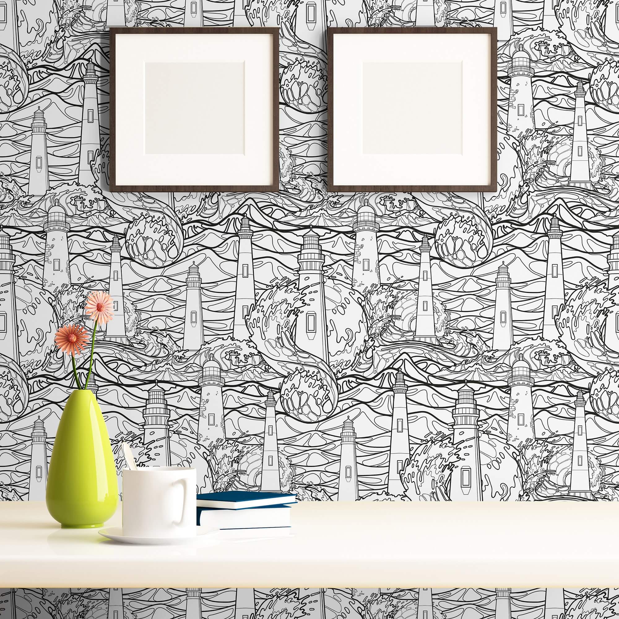 Black and White Nautical Peel and Stick Removable Wallpaper - Self-Adhesive Decorative Wall Covering for Bedroom, Bathroom, Kitchen & Nursery - Easy to Install & Remove