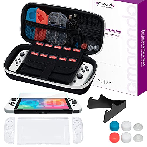 Premium Nintendo Switch OLED Carrying Case Kit - Protective Hard Shell Case, Tempered Glass Screen Protector, Thumb Grip Caps & Mini Travel Stand (Black-White) | Perfect for Travel, Gaming On-The-Go & Switch Accessories Protection