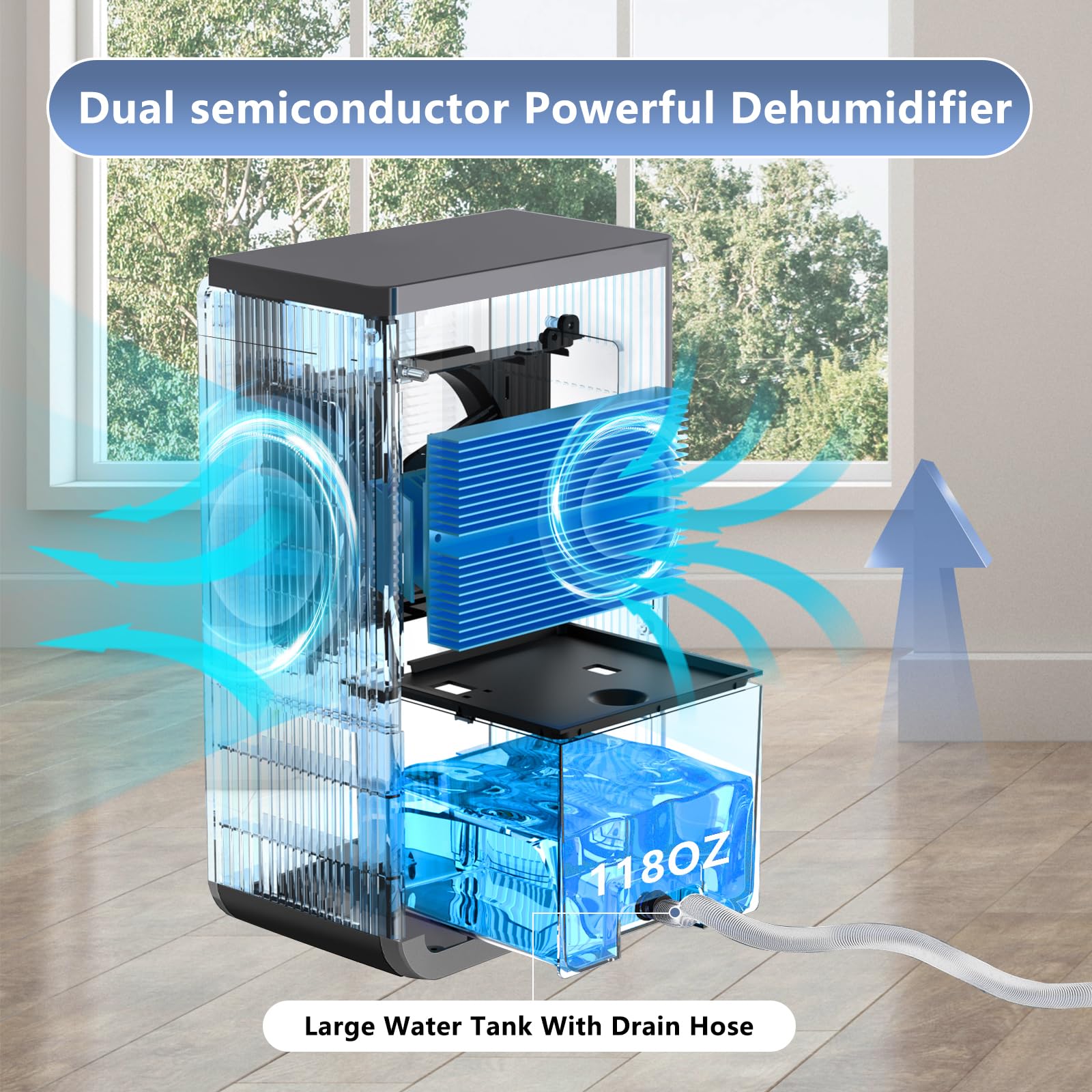 **950 sq.ft Dehumidifier with Drain Hose - 118OZ Capacity for Basement, Bedroom, Bathroom, Garage & RV - Quiet Sleep Mode, Timer, 7-Color LED Light (Black) | Ideal for Home, Office & Travel Use**