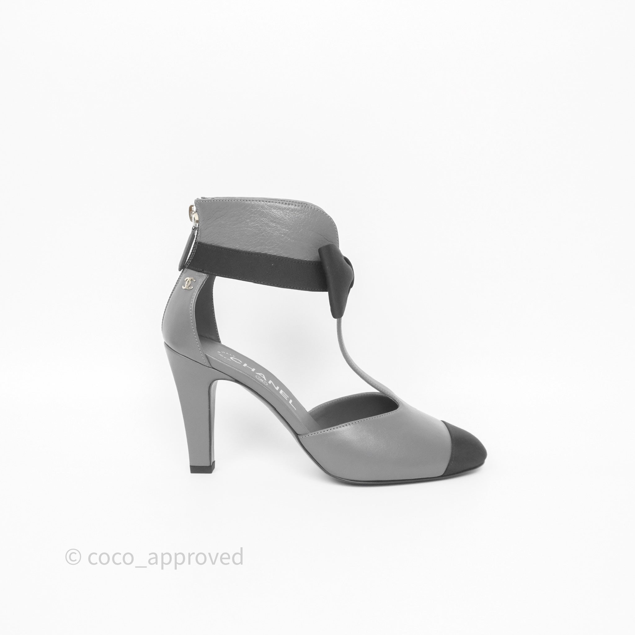 Chanel Cap Toe Bow Ankle Strap Sandals - Grey & Black Lambskin Leather - Perfect for Summer Weddings & Evening Events