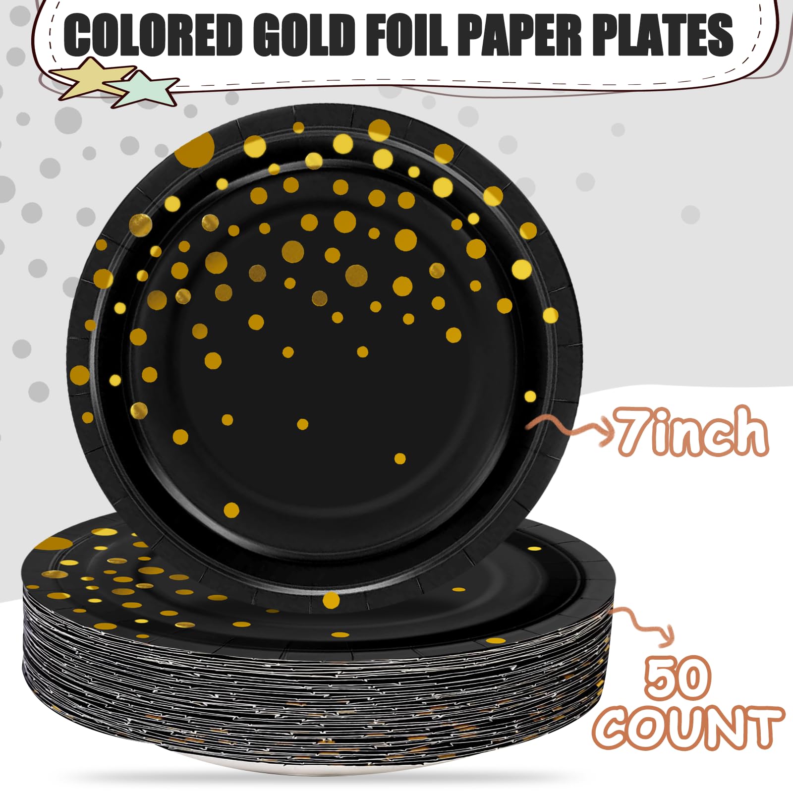 Black and Gold Disposable Paper Dessert Plates 7 Inch (50-Pack) - Elegant Gold Dot Cake Plates for Parties, Halloween, Birthdays & Special Events - Perfect for Desserts, Snacks & Beautiful Party Decorations