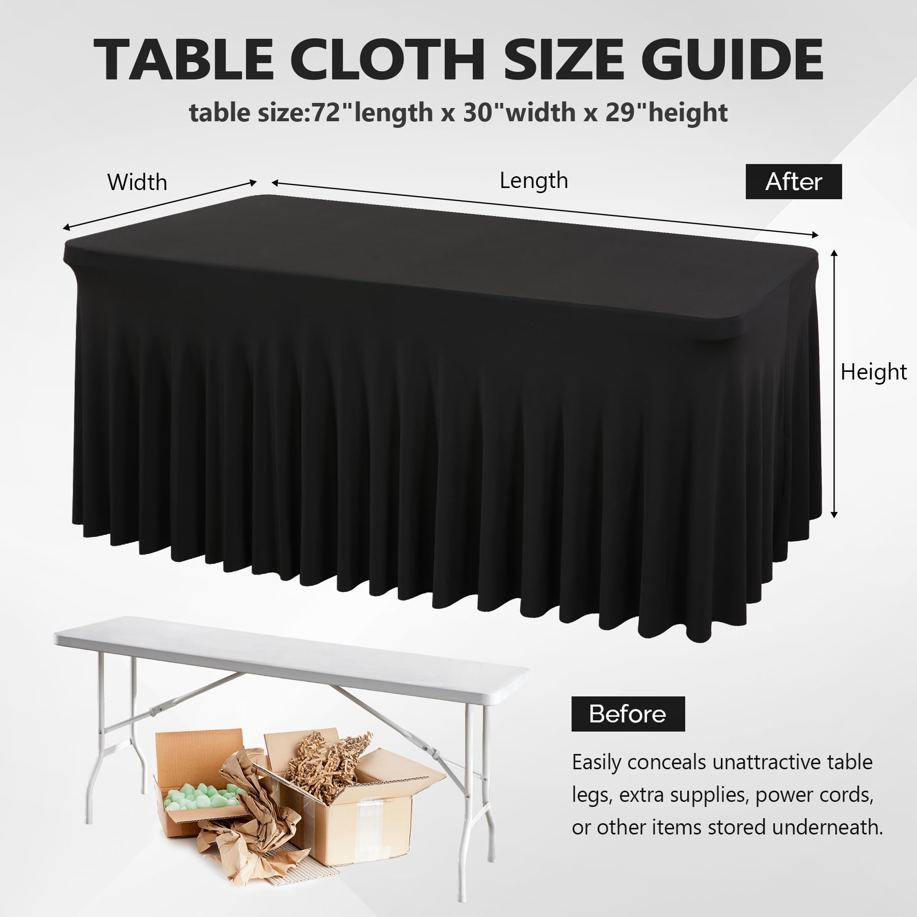 6 Pack Black Spandex Tablecloths for 6ft Rectangle Tables - Wrinkle-Free Stretch Fitted Table Covers for Wedding, Banquet, Party & Events (Perfect for Indoor/Outoor Dining, Buffets & Decorations)