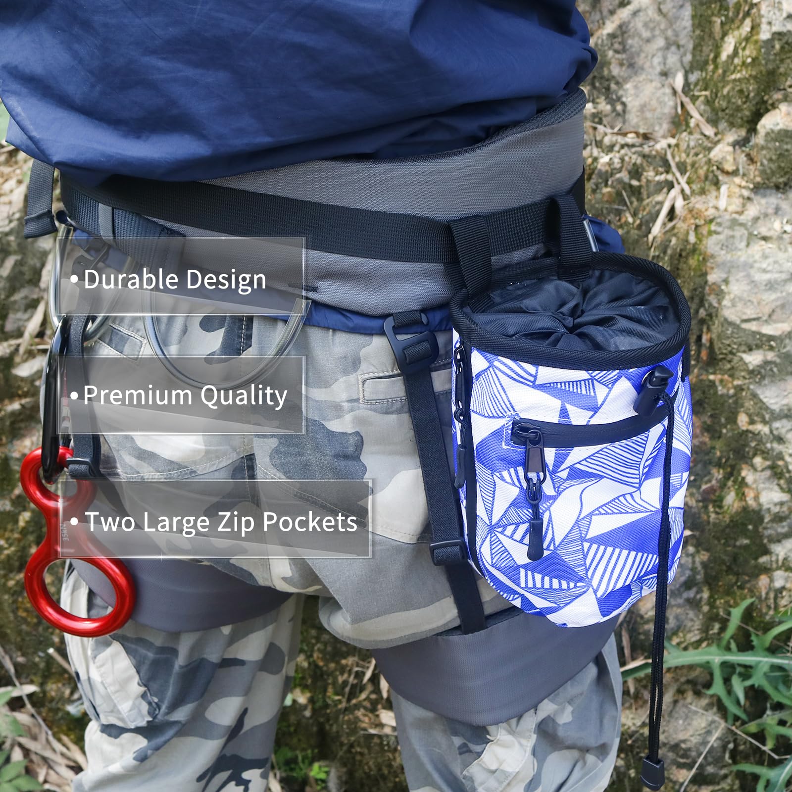 NewDoar Chalk Bag for Rock Climbing & Bouldering - Quick-Clip Belt, 2 Large Zippered Pockets - Durable Chalk Bucket for Indoor/Outdoor Climbing Gyms, Crag & Training - Essential Rock Climbing Gear & Equipment