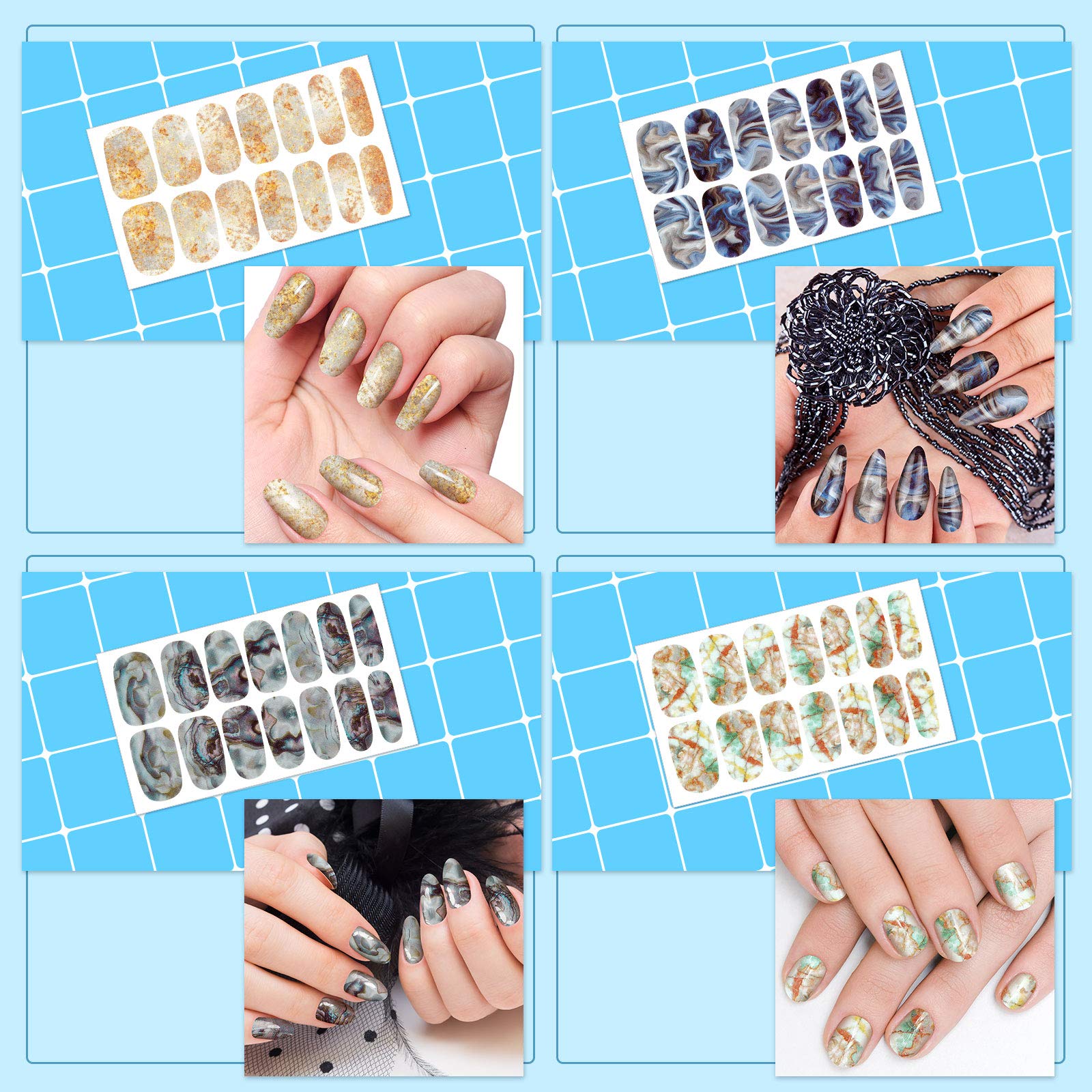 336-Piece Gradient Marble Nail Stickers Kit - 24 Self-Adhesive Nail Art Decals with Glass Nail File for Women & Girls - Waterproof Manicure Decor for Parties, Weddings, Daily Use (Classic Style)