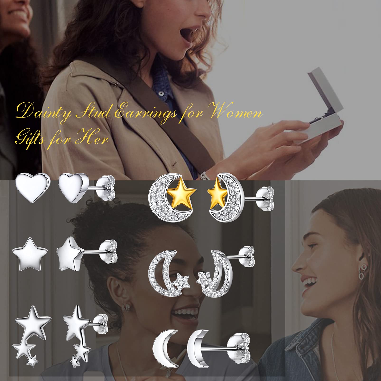 925 Silver Moon Star Heart Stud Earrings for Women - Hypoallergenic Celestial Jewelry for Daily Wear