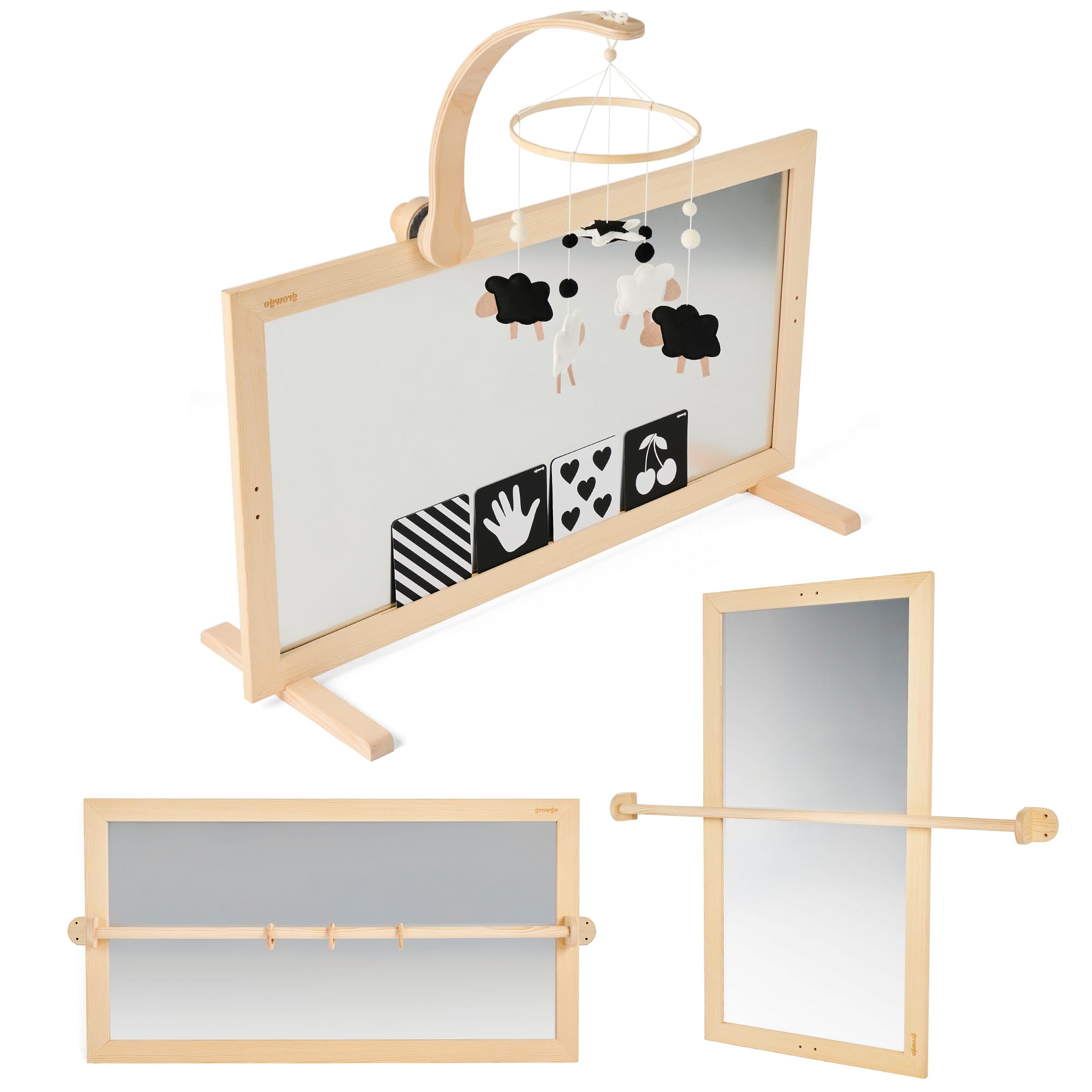 Montessori Baby Mirror Wall - 3-in-1 Shatterproof Mirror with Wooden Pull Up Bar | Safe Infant Development Toy for Crawling & Walking Practice | Perfect for Nursery, Playroom & Montessori Classroom