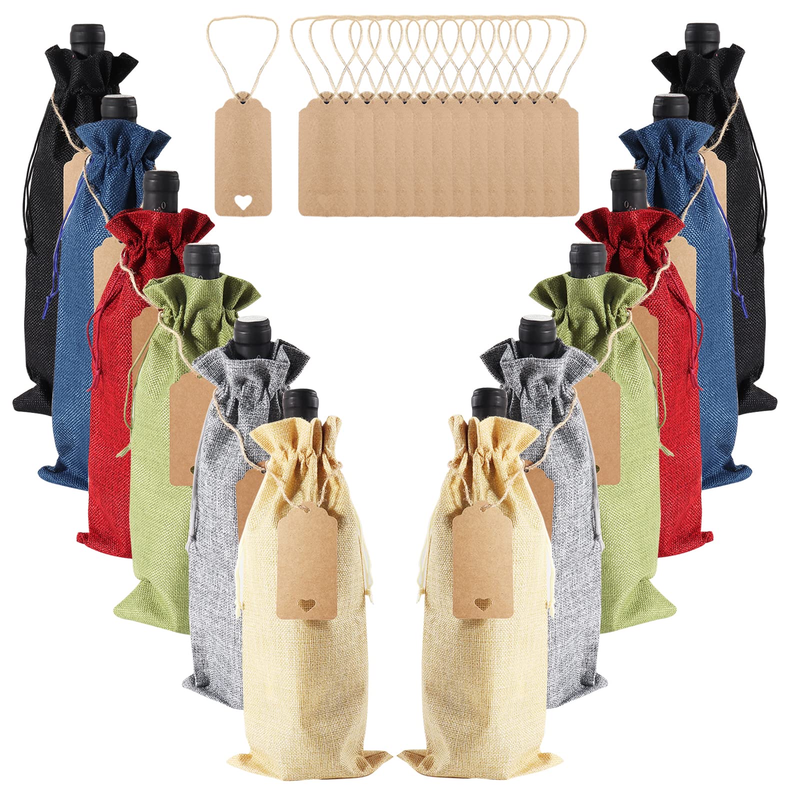 12 Pack Reusable Burlap Wine Bags with Drawstrings & Gift Tags - Eco-Friendly Wine Bottle Covers for Wedding, Birthday, Travel & Party Favors (Multicolor)
