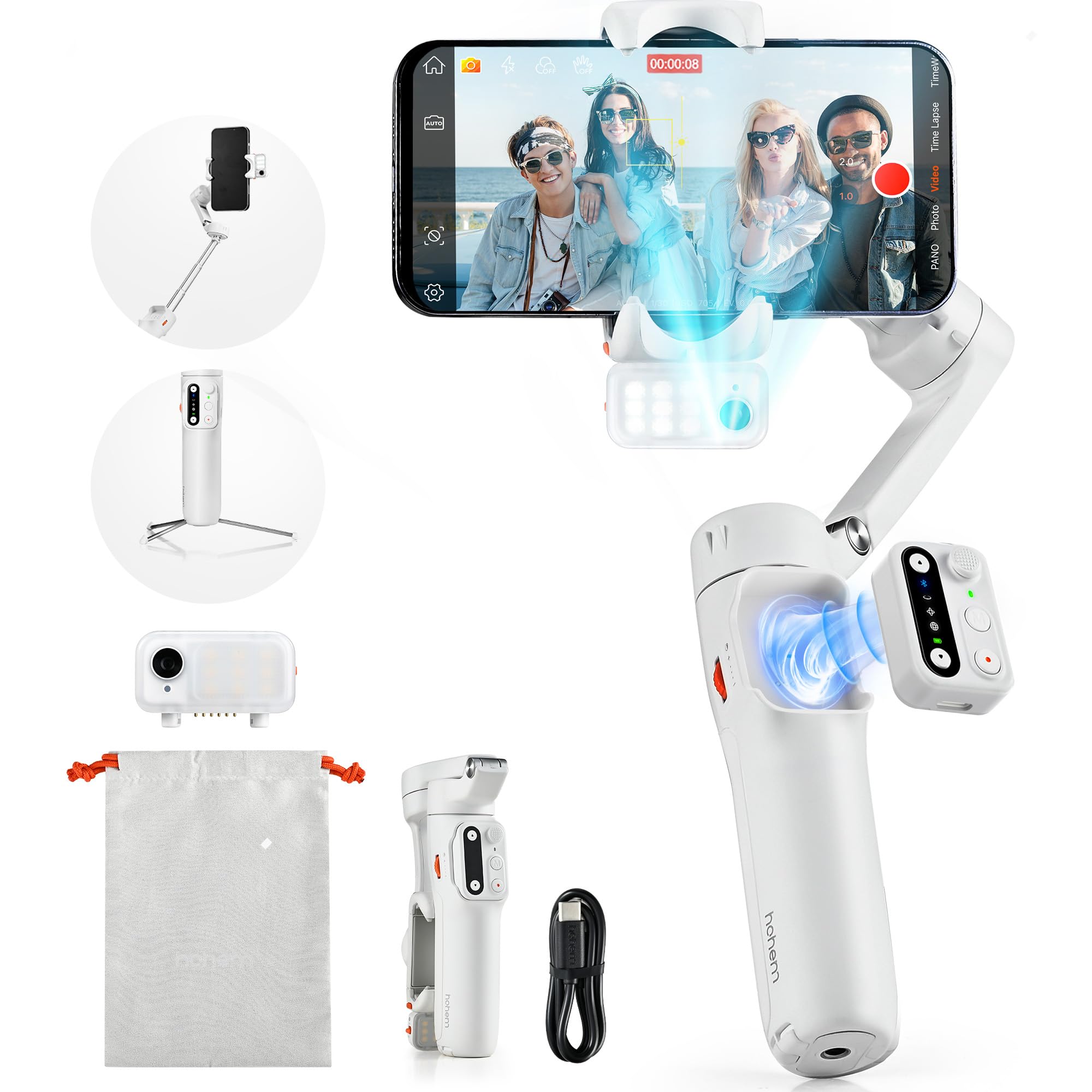 Hohem iSteady V3 3-Axis Gimbal Stabilizer for iPhone & Android Phones - Magnetic AI Tracking, Built-in Extendable Selfie Stick, Tripod & Fill Light - Perfect for Vlogging, YouTube Videos, TikTok & Live Streaming (White)