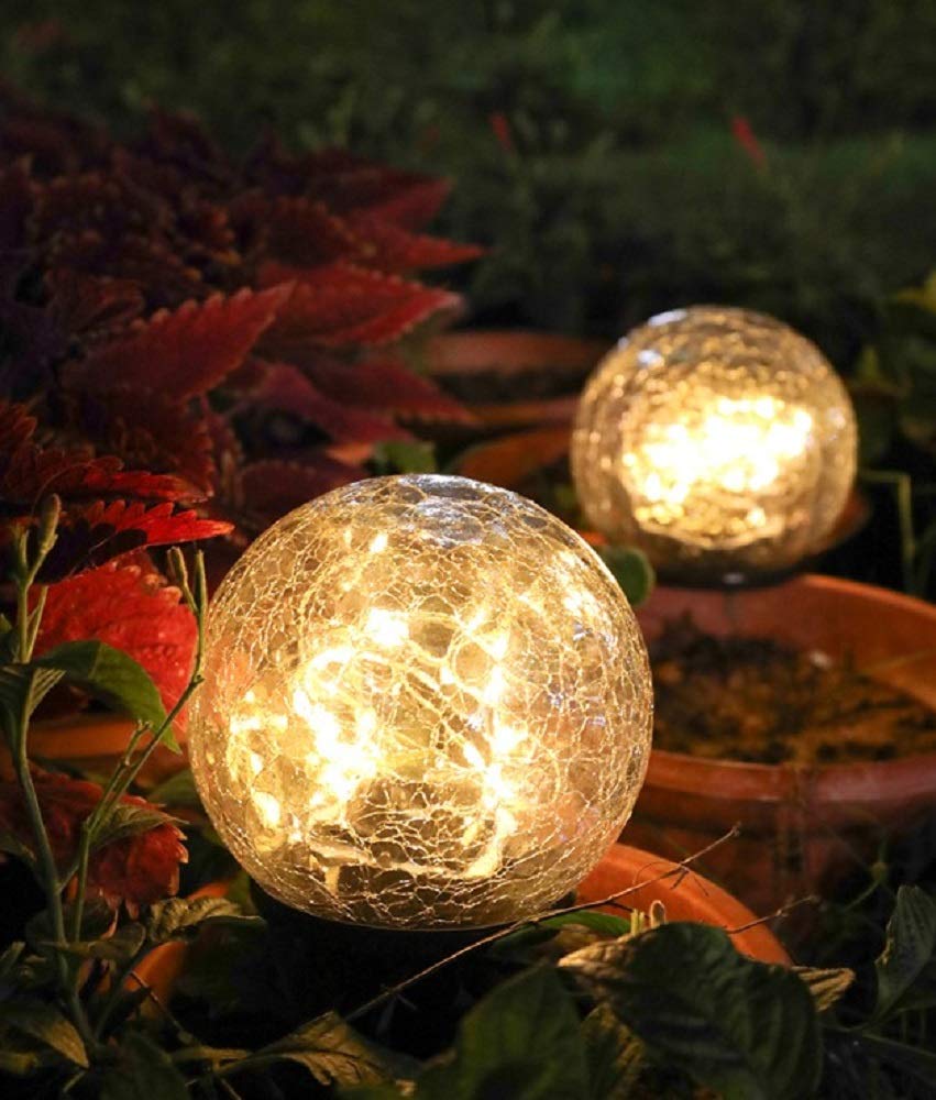 2 Pack Solar Crack Glass Ball Ground Lights - Warm White LED Garden & Lawn Spotlights - Waterproof Outdoor Landscape Lighting for Christmas, Wedding, Pathway, Patio, Yard Decor (Big + Small Size)