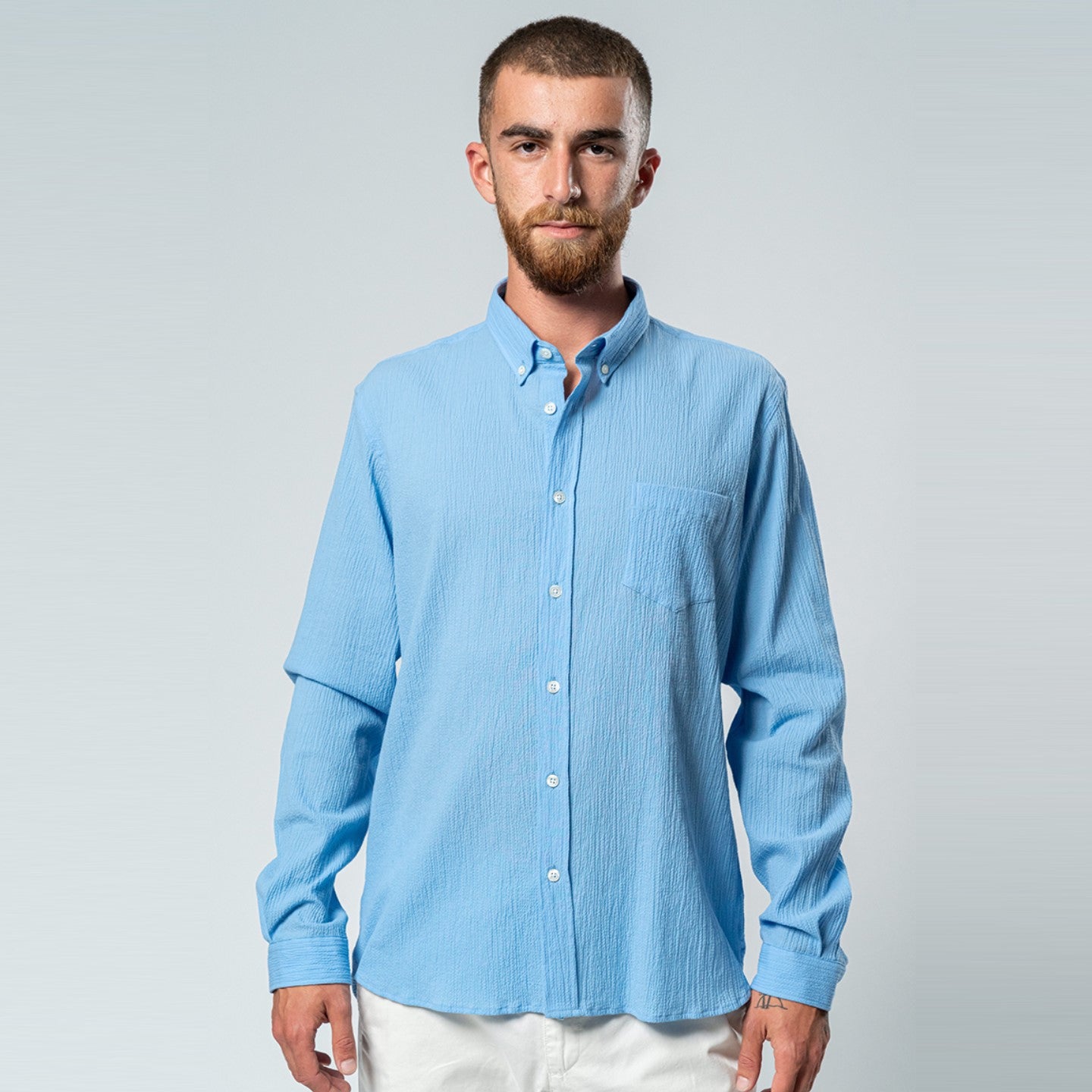 Branco Men's Sky Blue Seersucker Button Down Shirt - Breathable Summer Casual Dress Shirt for Office, Wedding & Outdoor Events