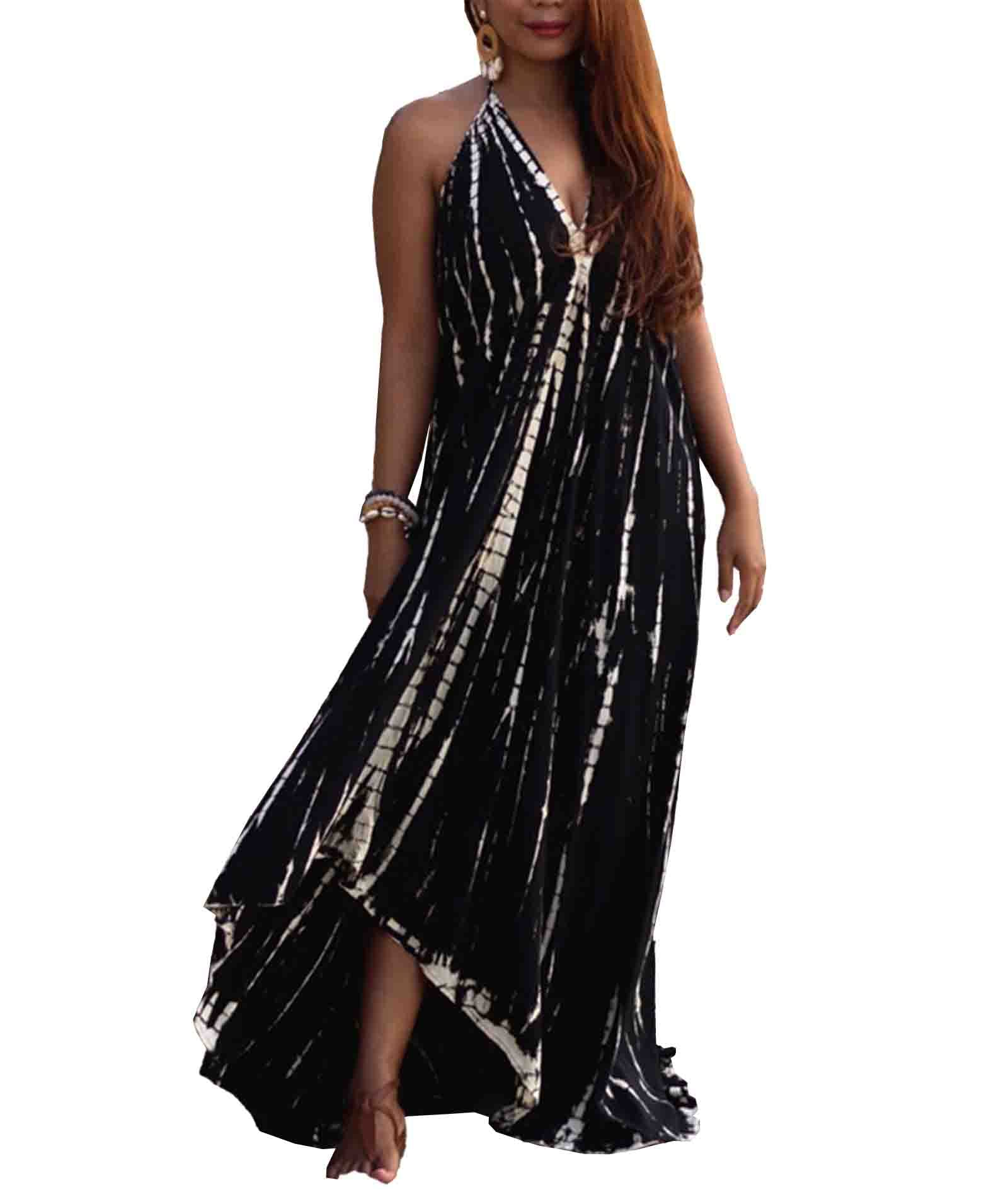 FYEARFOX Women's Sexy V-Neck Spaghetti Strap Halter Maxi Dress - Boho Sleeveless Backless Flowy Long Summer Dress for Beach, Party & Vacation