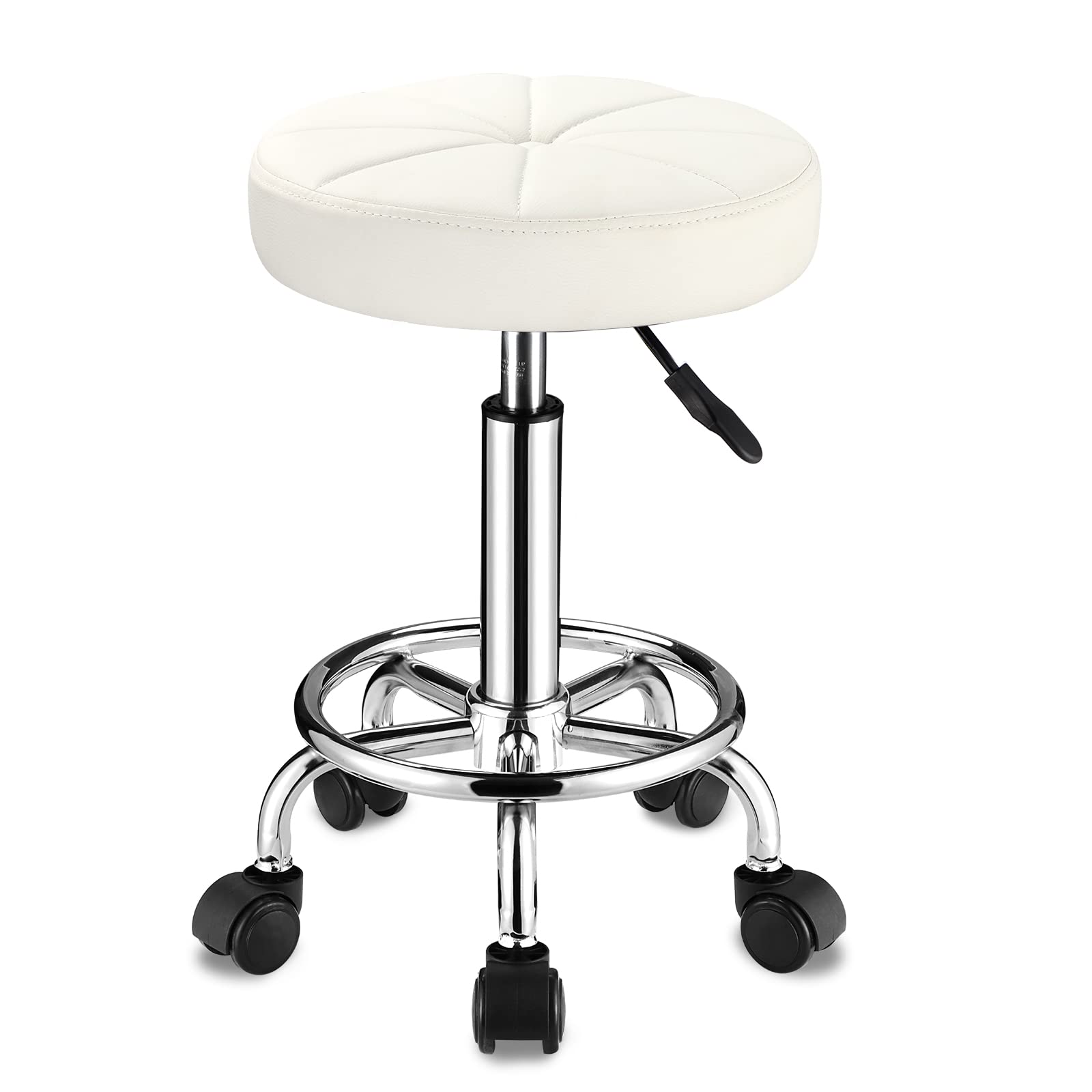 Adjustable Height Swivel Rolling Stool with Wheels - PU Leather Round Stool for Office, Kitchen, Salon & Home Use - White