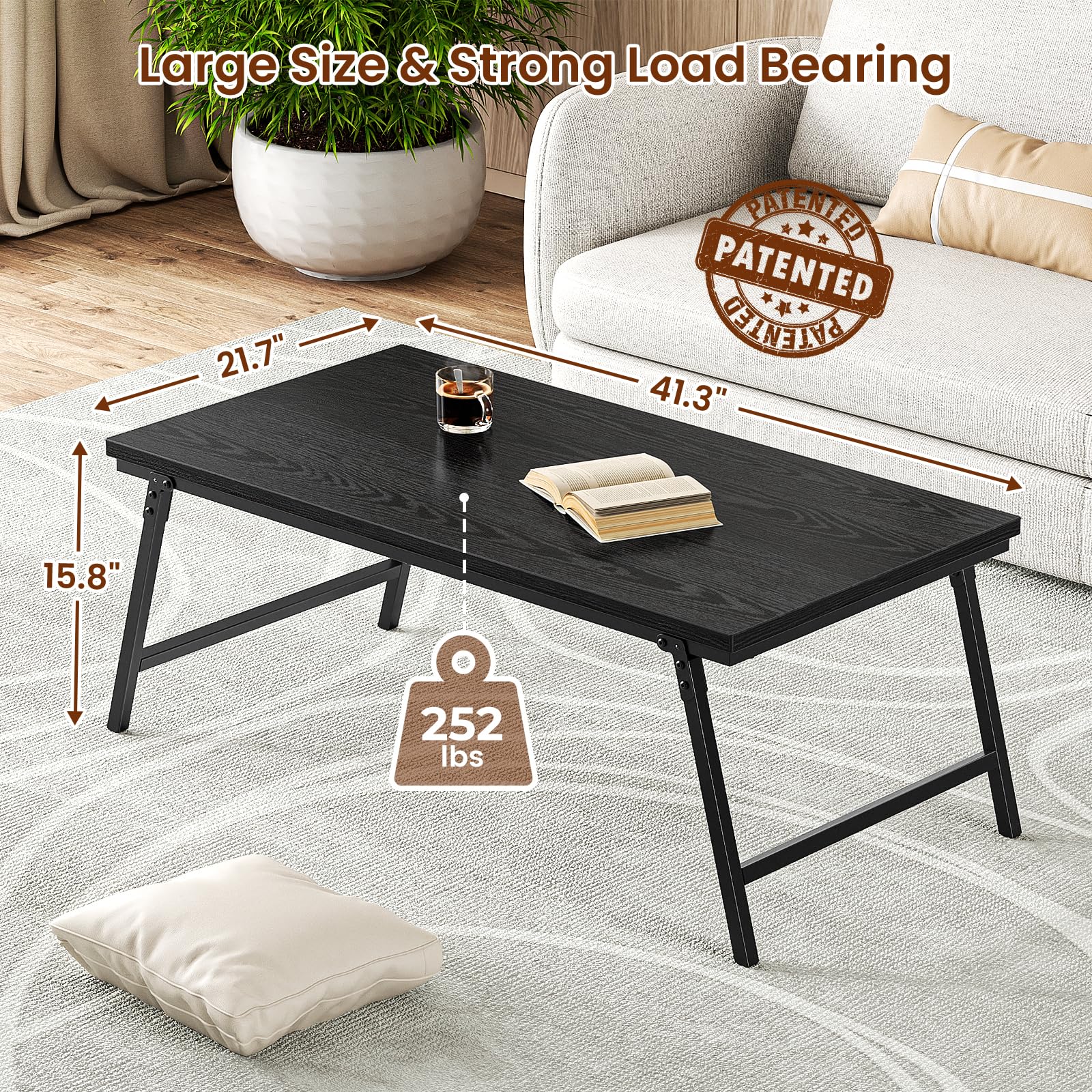 Foldable Coffee Table for Small Spaces - Sturdy Collapsible Portable Coffee Table with Leg Latches, No Assembly Required - Perfect for Living Room, Home, Office (Black, 41.3