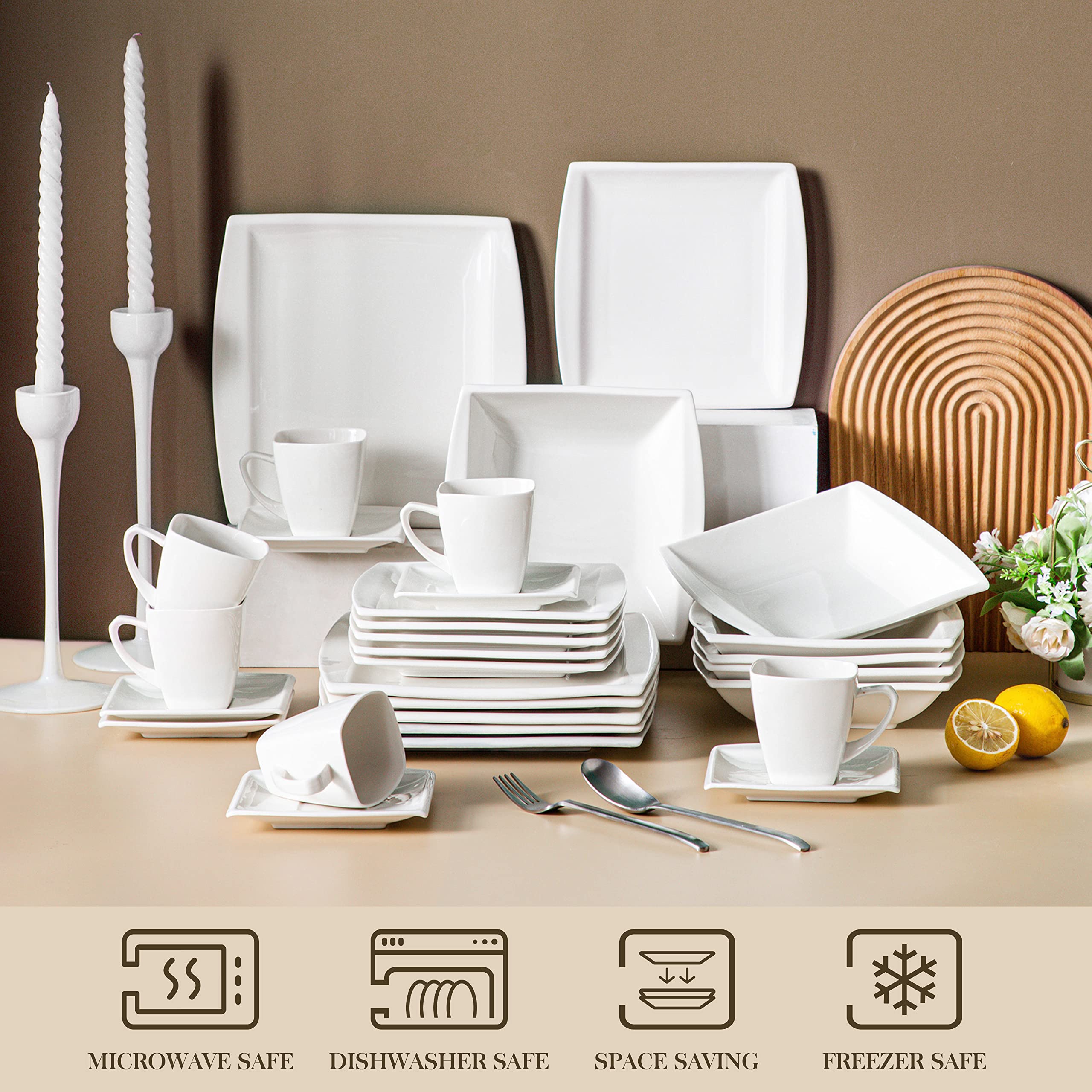 MALACASA 60-Piece Ivory White Porcelain Dinnerware Set for 12 - Square Plates, Bowls, Cups & Saucers - Modern Dining Ware Collection - Perfect for Family Gatherings, Dinner Parties & Restaurant Use