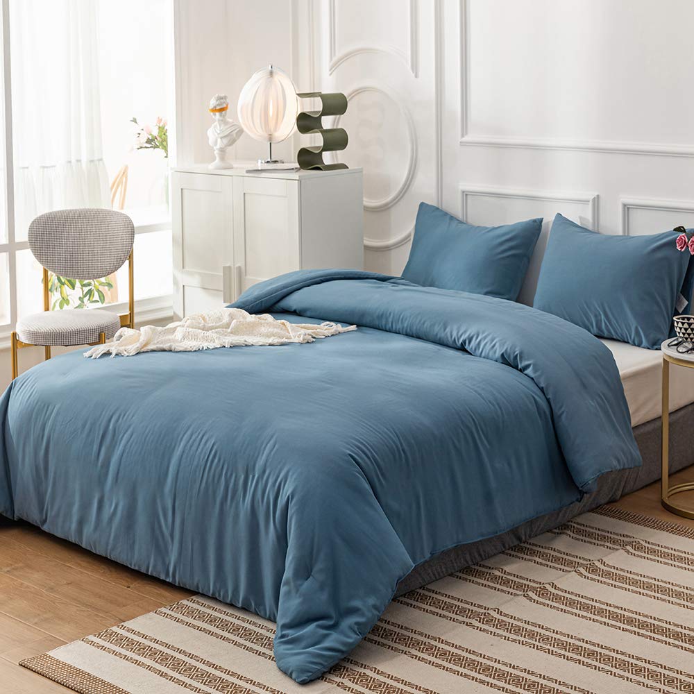 CLOTHKNOW Lake Blue Queen Comforter Set - 3 Piece Dusty Blue Bedding Set with 2 Pillowcases | Soft & Cozy Comforter for Girls & Women | Perfect for Master Bedroom, Guest Room & Dorm Decor