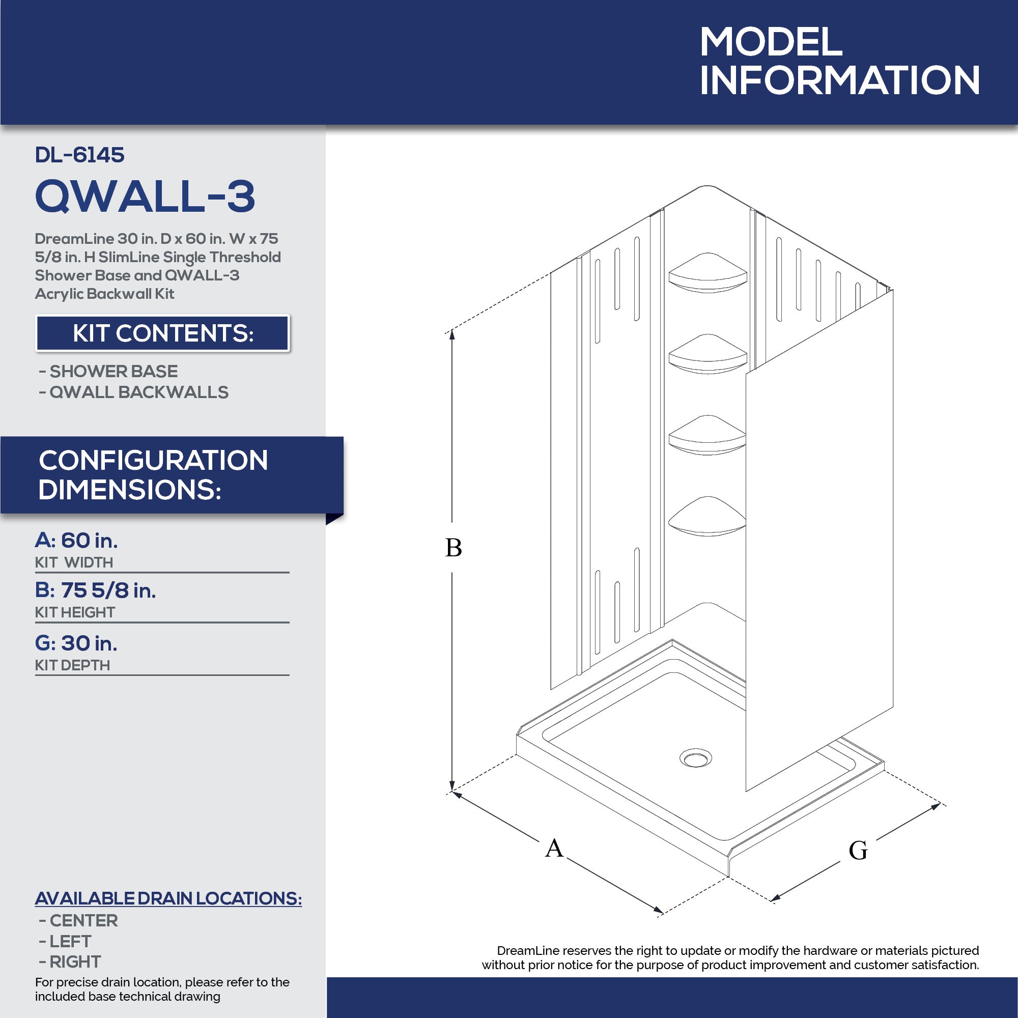 DreamLine 30x60x75.6 Inch SlimLine Single Threshold Shower Base with QWALL 3 Acrylic Backwall Kit - Easy Install Bathroom Remodeling Solution for Small Spaces