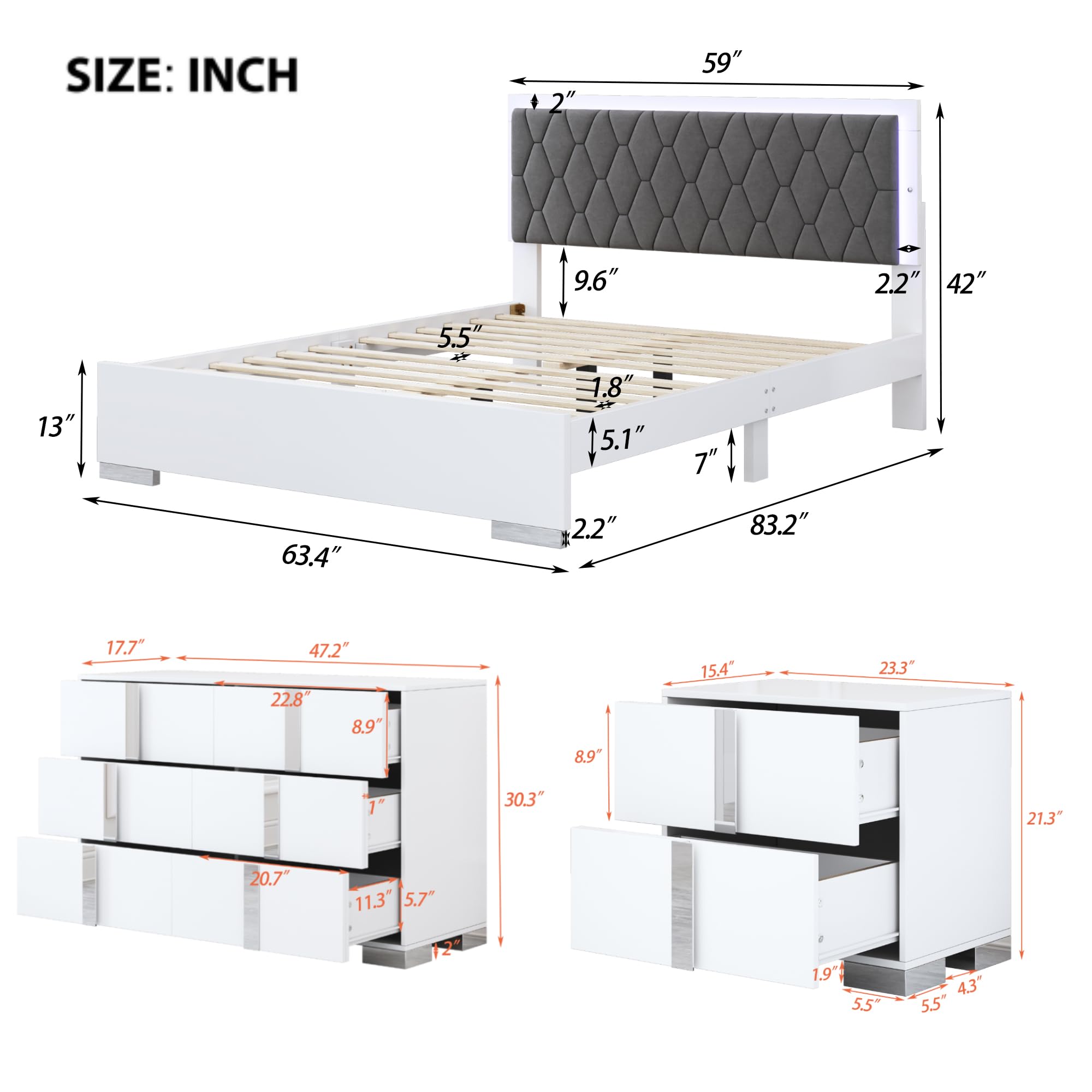 Linique 4-Piece Queen Size Bedroom Set with LED Upholstered Platform Bed, 2 Mirrored Nightstands & Dresser - Modern Wooden Bed Frame with Velvet Headboard in White | Perfect for Contemporary Master Bedrooms & Guest Rooms