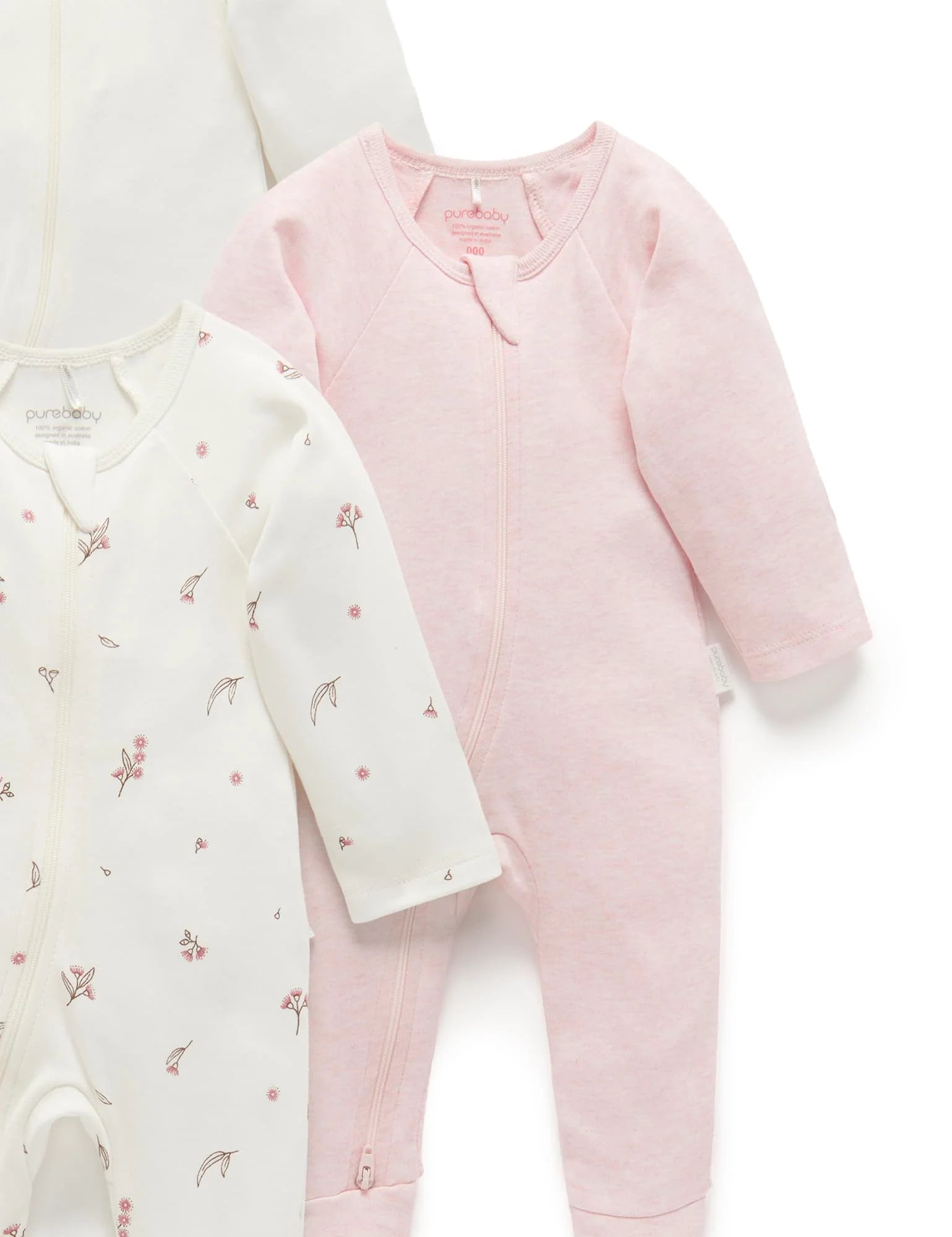 Purebaby Organic Cotton Zip Growsuit 4-Pack - Vanilla Blossom | Soft Baby Sleepwear for Newborns & Infants | Perfect for Daycare, Playtime & Nighttime Comfort