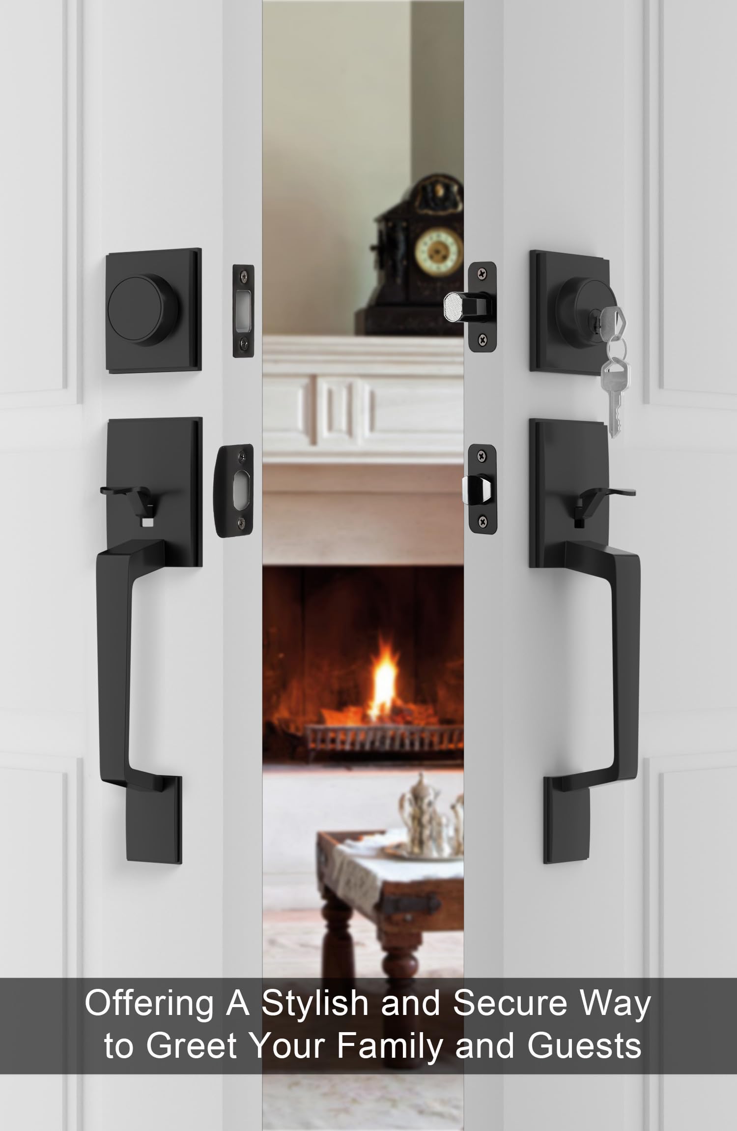 GoldenWarm Matte Black Double Front Door Lock Set with Reversible Handle Lever - Modern Double Door Handle Set with Dummy for Enhanced Security | Perfect for Homes, Offices & Entry Doors