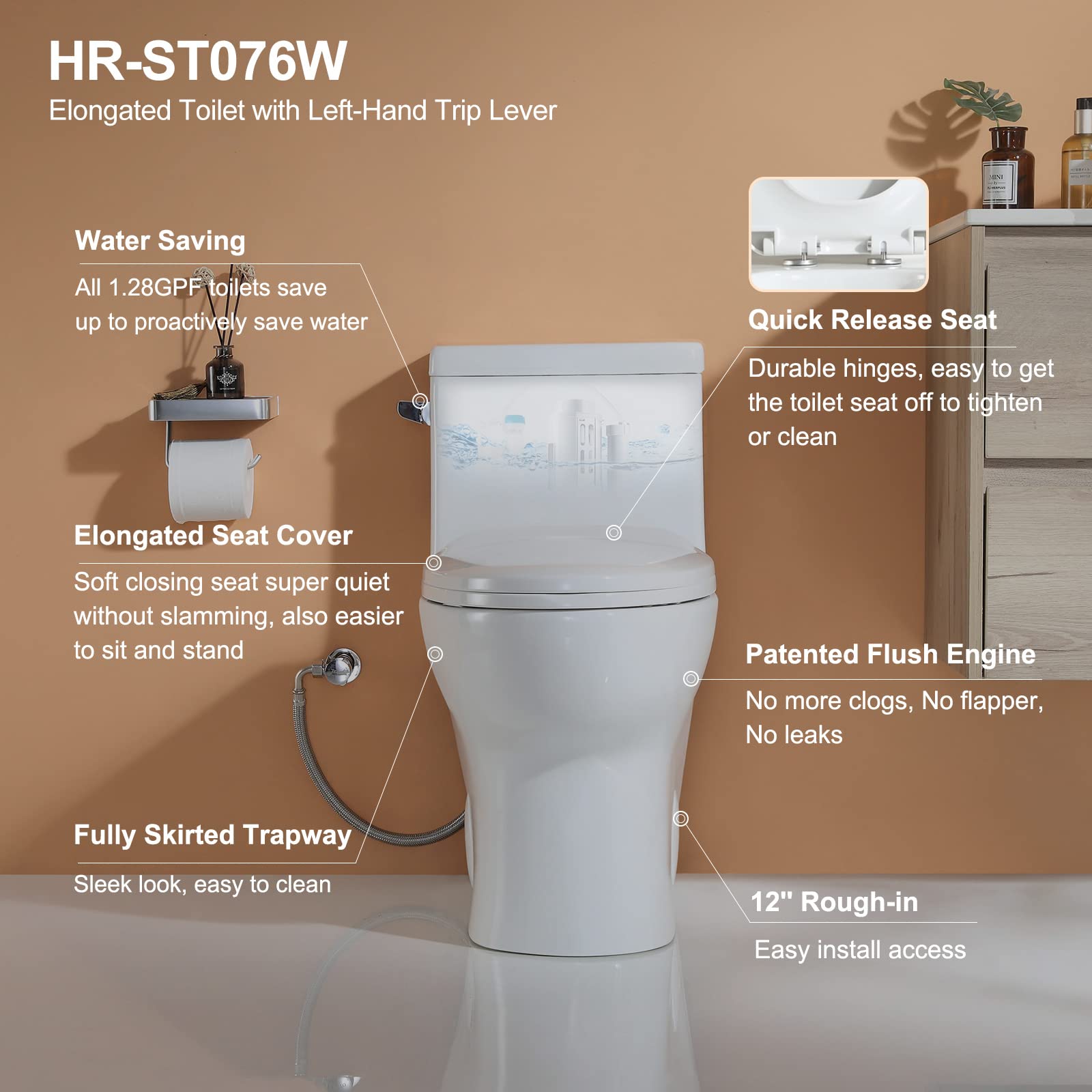 HOROW HR-ST076W One Piece Elongated Toilet with Soft Closing Seat - Left-Hand Trip Lever, 1.28 GPF High Efficiency Single Side Flush, 12-Inch Rough-In, White Bathroom Toilet Bowl for Modern Homes & Commercial Spaces