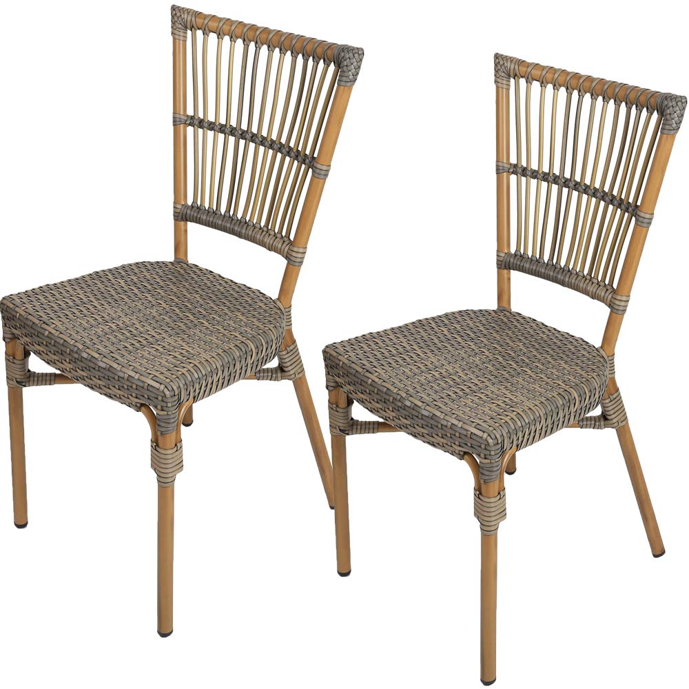 2 Pack Wicker Dining Side Chairs - Armless Patio Bistro Chairs with Sturdy Aluminum Frame for Indoor & Outdoor Use - Perfect for French Cafe, Garden, Balcony, and Backyard Decor (Brown)