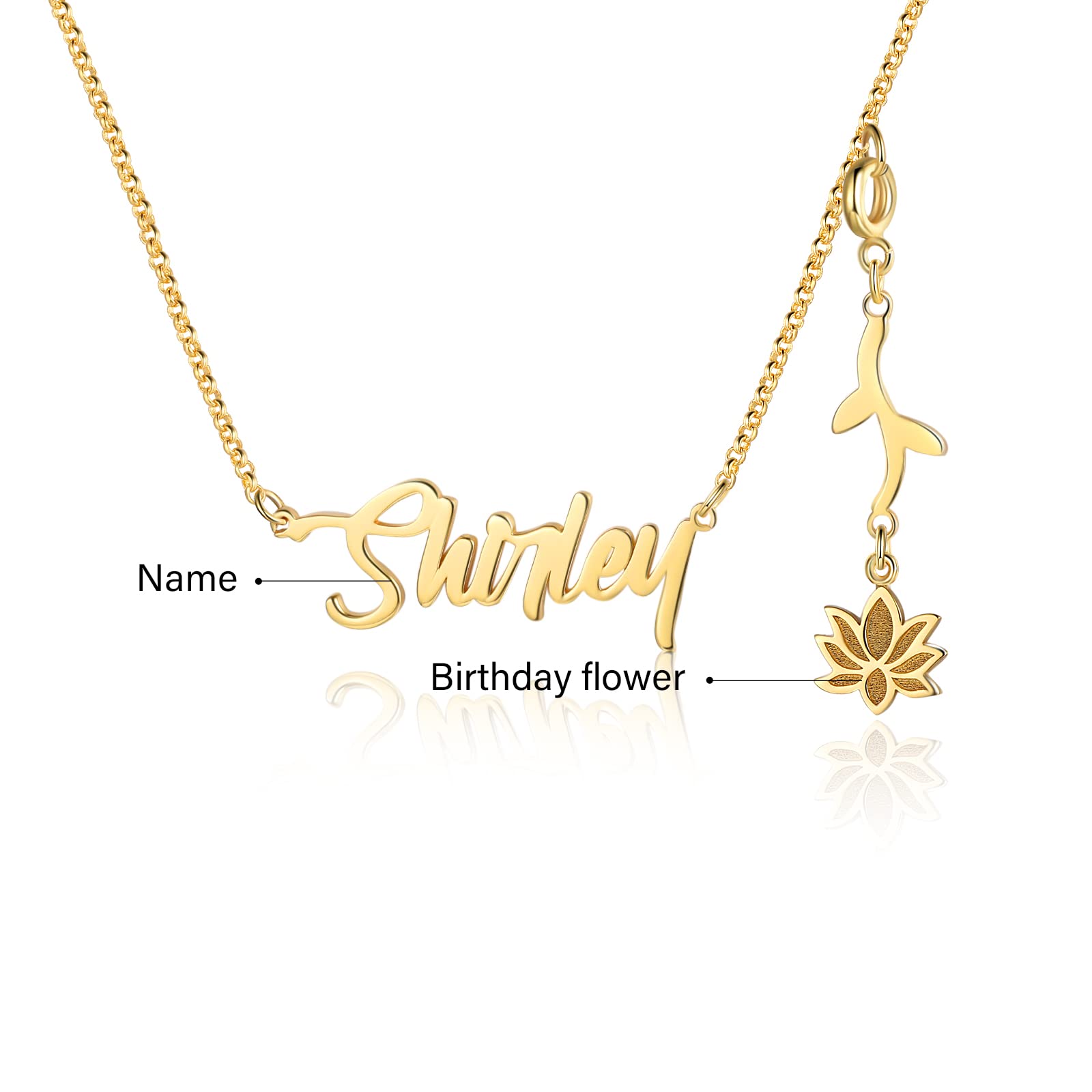 Custom Birth Flower Name Necklace for Women - Personalized 925 Sterling Silver & Gold Name Plate Necklace with Dainty Birth Month Flower - Unique Birthday Gift for Her, Perfect for Anniversaries, Valentine's Day & Mother's Day Gifts