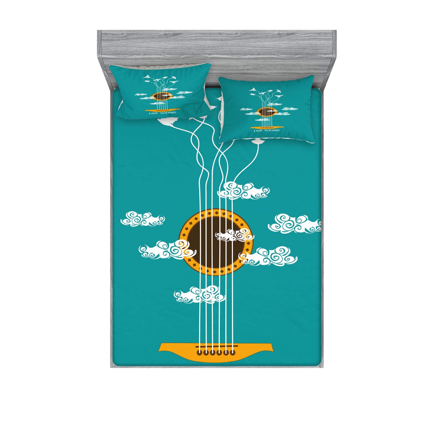 Ambesonne Guitar Themed 3-Piece Bedding Set - King Size Fitted Sheet & Pillow Shams, Abstract Music Design with Birds on Strings & Clouds, Turquoise Marigold White | Perfect for Musicians' Bedrooms, Music Studio Decor, or Unique Gift for Guitar Lovers