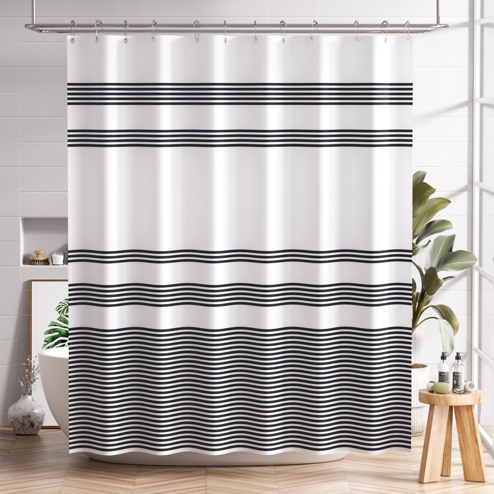 AmazerBath Washable Black & White Striped Fabric Shower Curtain Set - 72x72 Inches Rustic Farmhouse Bathroom Decor with 12 Hooks - Perfect for Vintage, Country or Modern Bathroom Styles