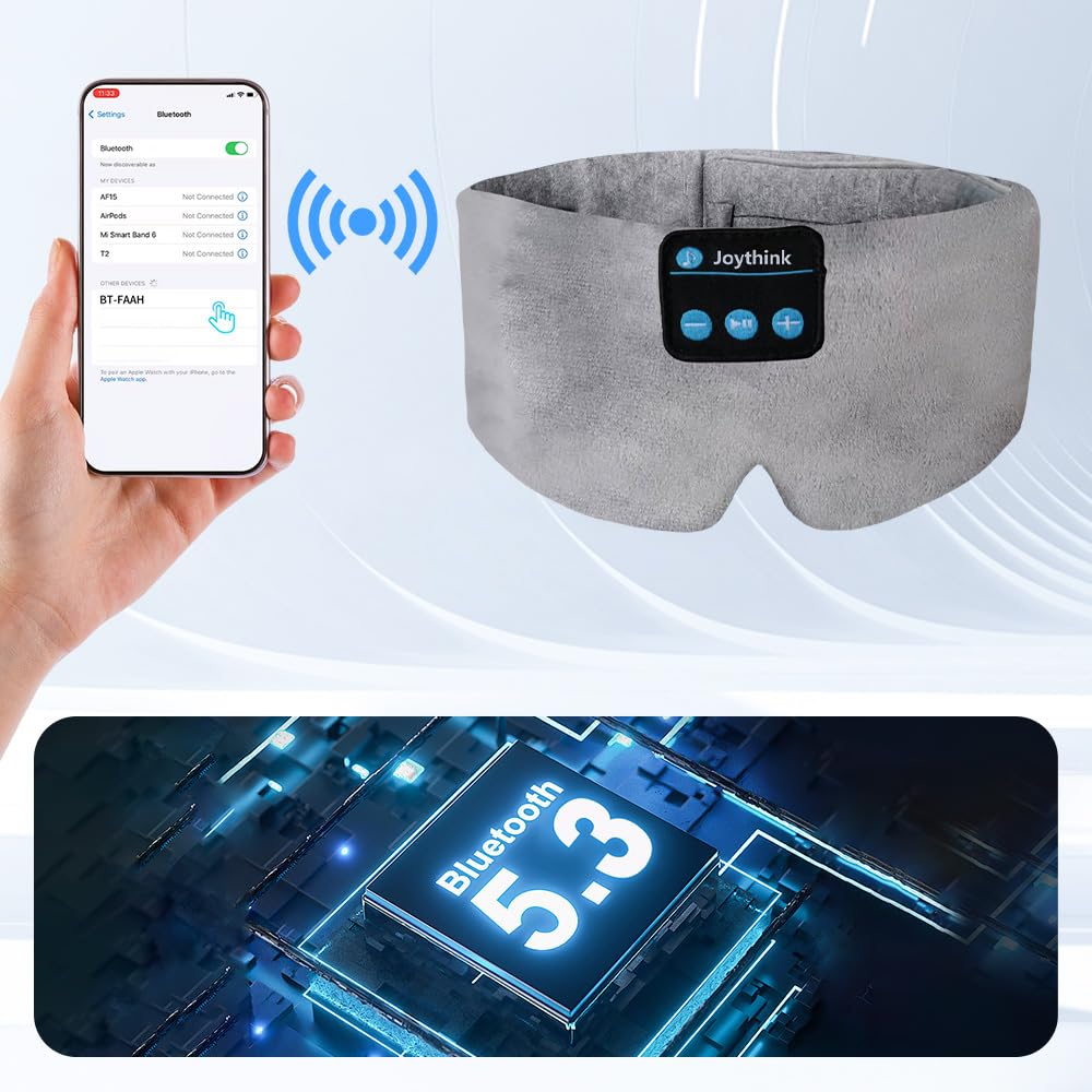 Bluetooth Sleep Mask for Women & Men - Adjustable Blackout Eye Mask with Built-in Headphones for Sleeping, Travel, Meditation - Perfect Gift (Grey) | Ideal for Nighttime Relaxation & Noise-Free Sleep