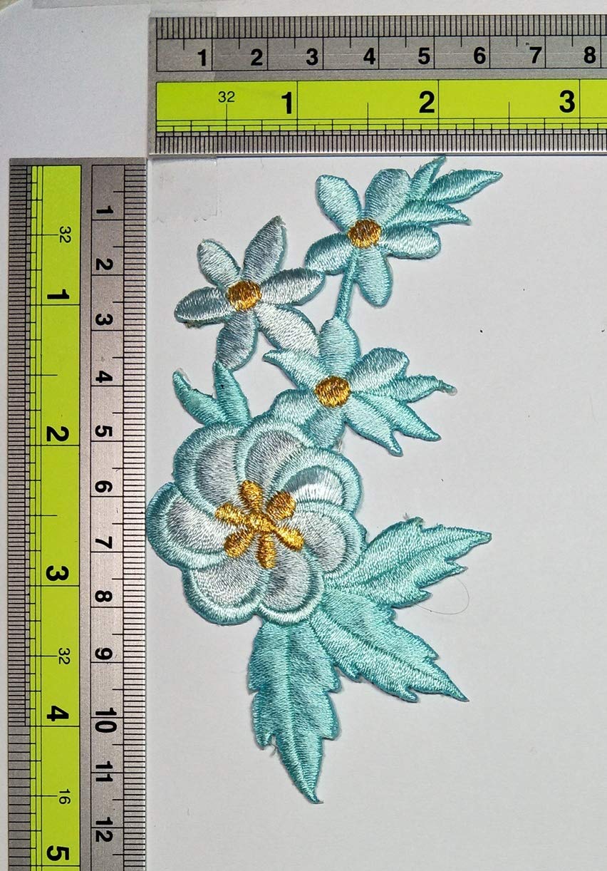 Blue Daisy Plum Blossom Iron-on Patch - Boho Floral Embroidered Applique for DIY Sewing, Costumes & Accessories - Perfect for Jackets, Jeans, Bags & Hippie Fashion
