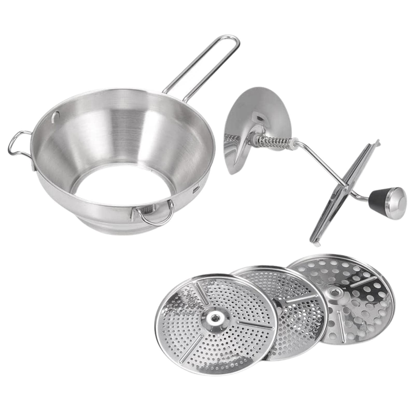 BHKC 3-Piece Stainless Steel Manual Food Mill - Ergonomic Grinder with 3 Interchangeable Discs for Mashed Potatoes, Applesauce & Baby Food | Perfect for Home Cooking, Canning & Meal Prep