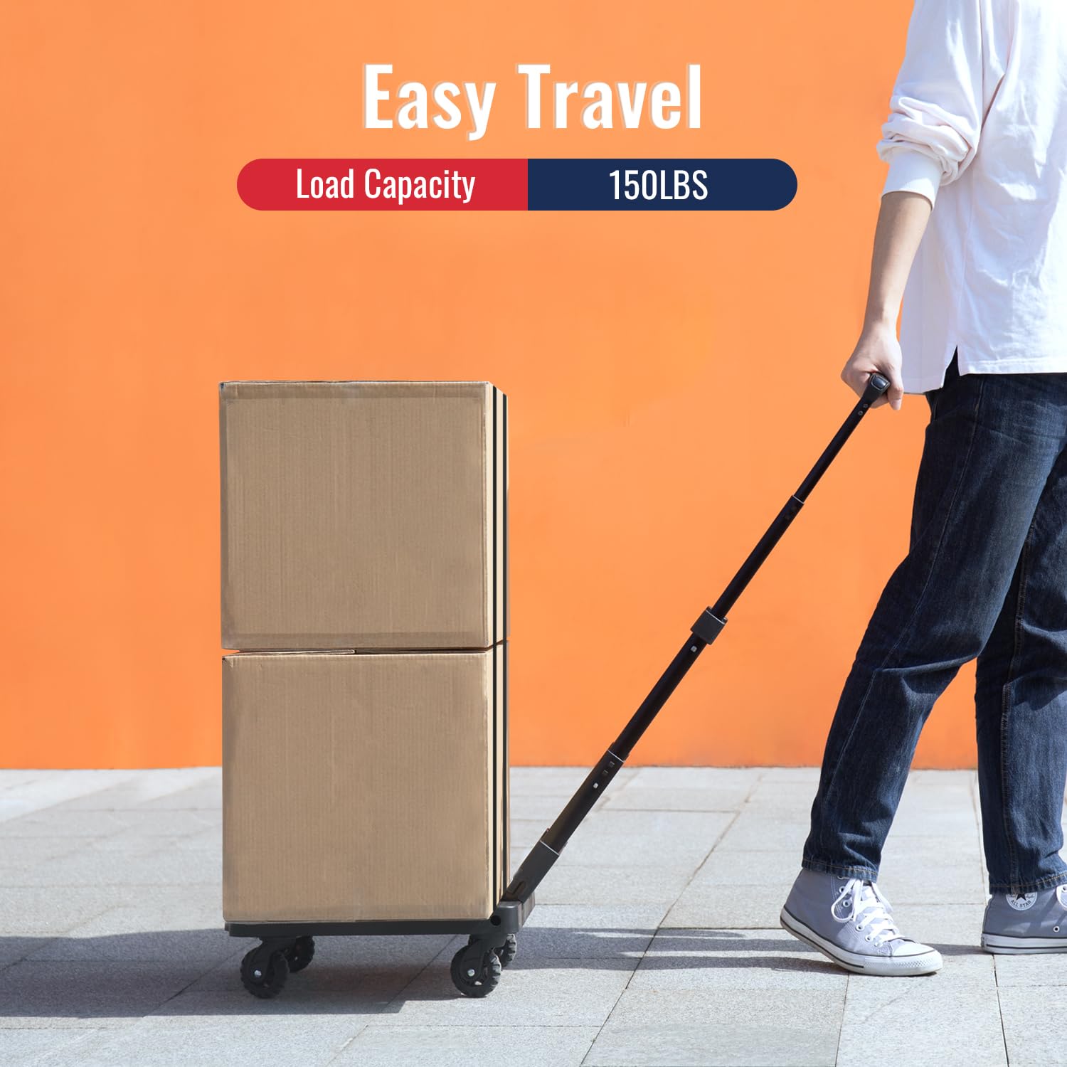 KOSTANZO Folding Hand Truck - Lightweight 4-Wheel Dolly Cart with 2 Elastic Straps, Adjustable 3-Level Handle Collapsible Luggage Cart for Travel, Office, Shopping | Portable Utility Cart for Moving Boxes, Groceries & Suitcases