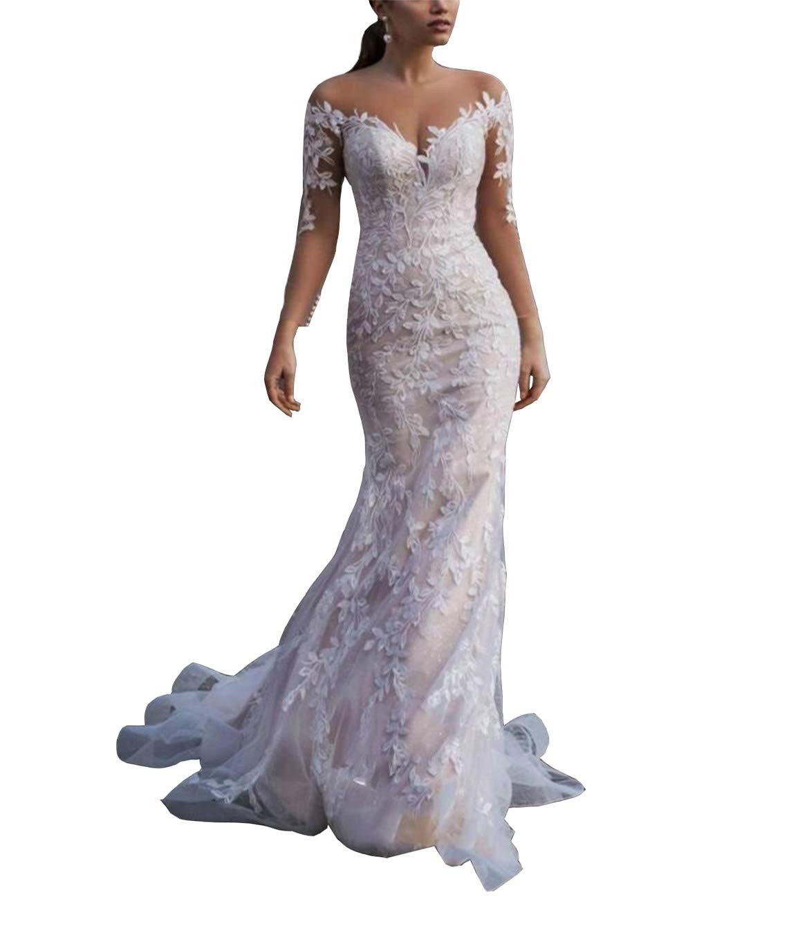 Elegant Ivory Mermaid Wedding Dress with Lace Appliques & Sheer Back - Perfect for Beach Weddings, Prom, and Formal Events