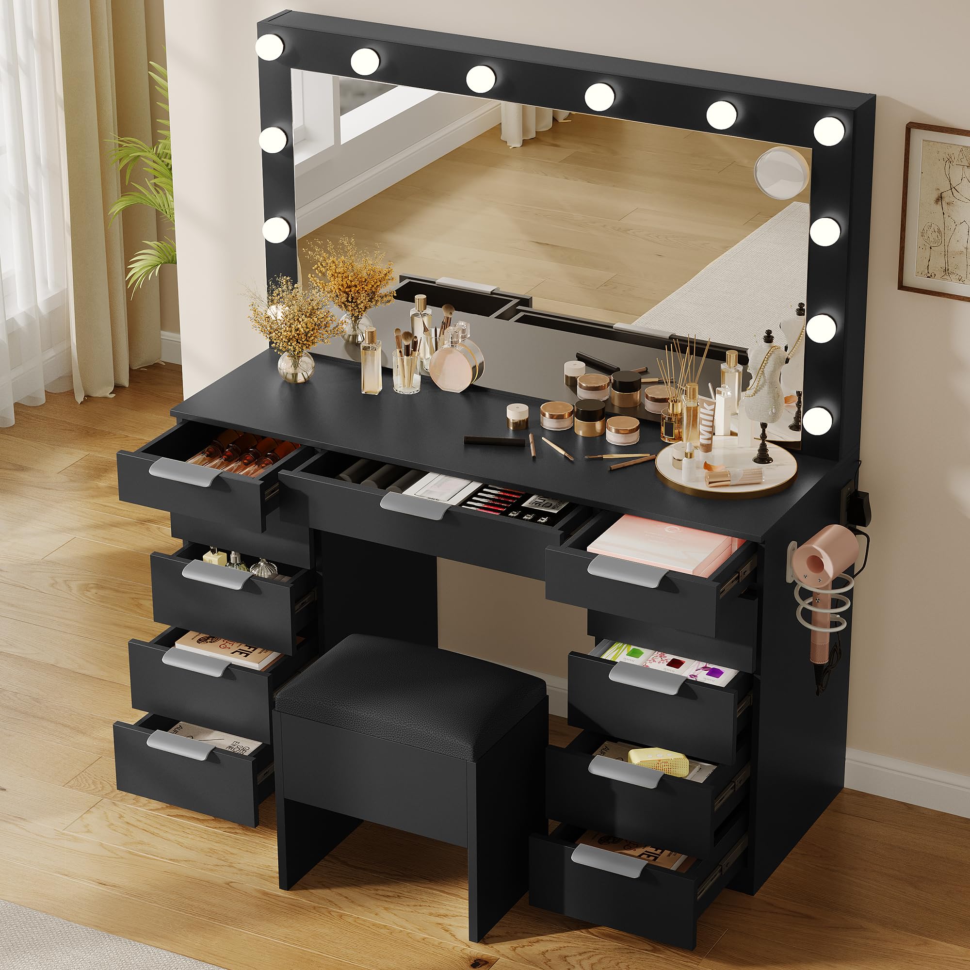 YITAHOME Makeup Vanity Desk Set with Large Mirror & 3-Mode LED Bulbs, USB Charging Station, 11 Storage Drawers and Stool - Perfect for Bedroom, Dressing Room & Beauty Salon