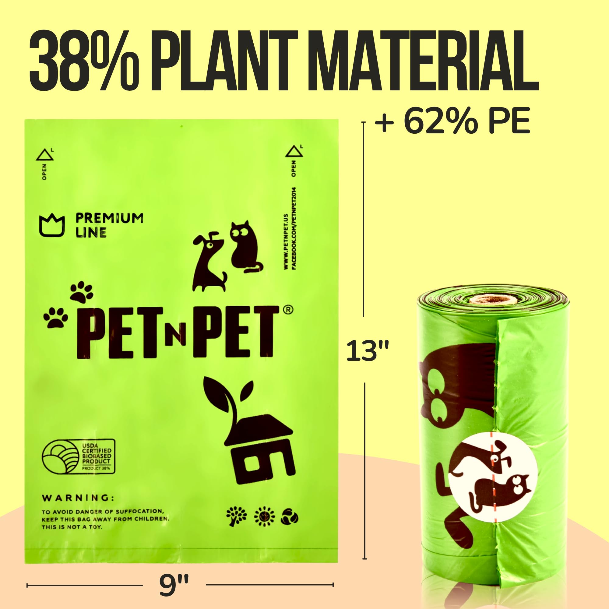 Premium PET N PET Dog Poop Bags - 1800 Count (60 Rolls + 720 Refills) with Free Poop Bag Holder | 9x13 Inch Large Waste Bags for Small, Medium & Large Dogs | Perfect for Walks, Parks & Travel