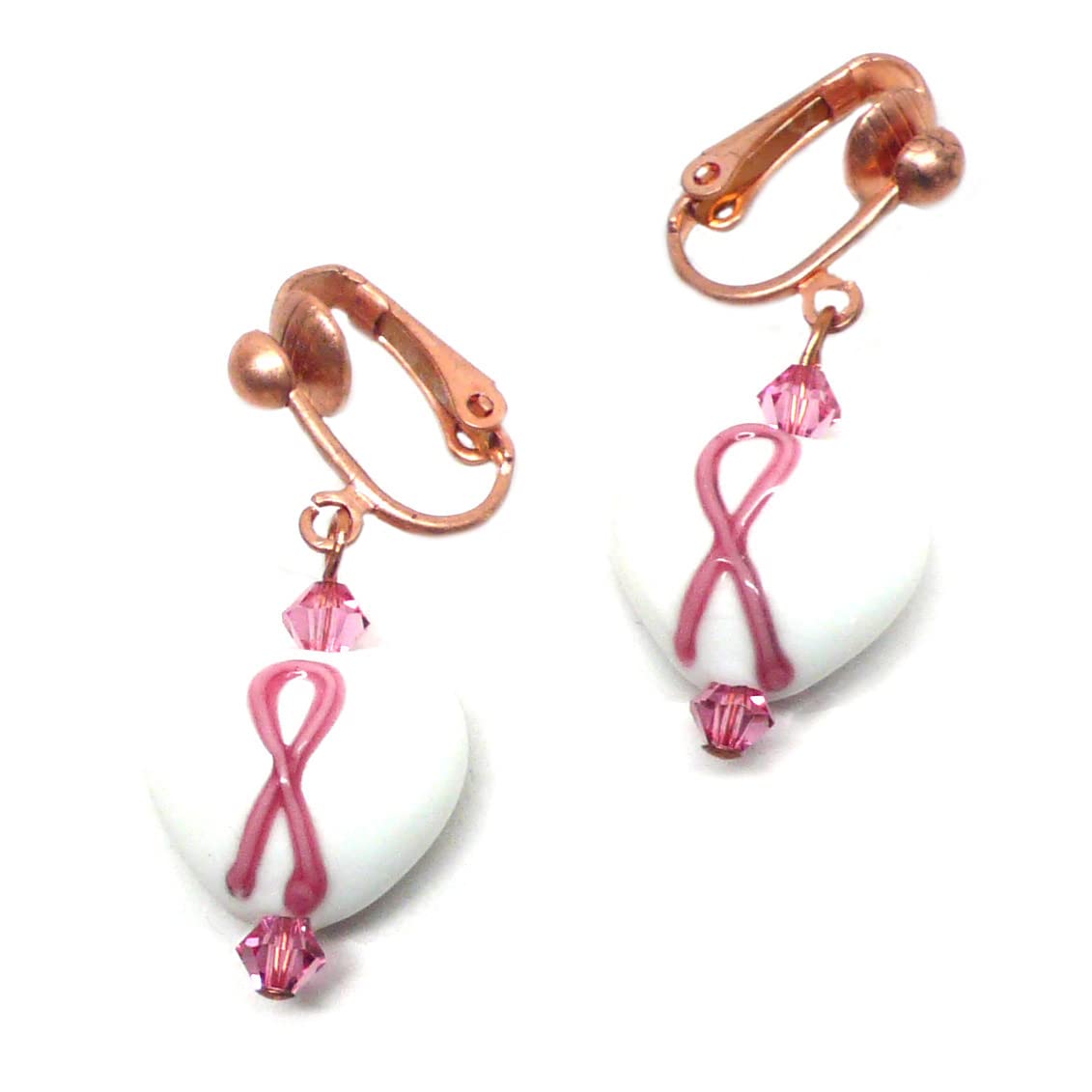 Pink Ribbon Awareness White Glass Heart Earrings - 14mm Copper Pierced or Clip On for Women - Perfect for Breast Cancer Awareness Events, Fundraisers & Everyday Wear