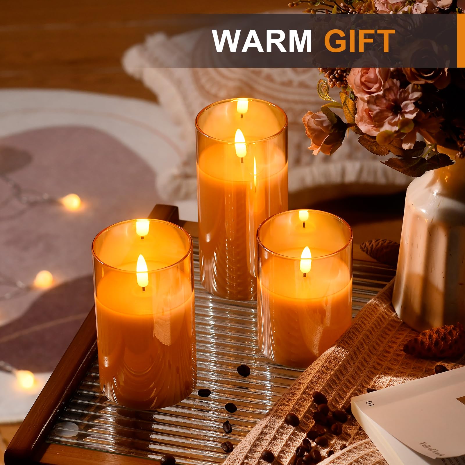 Battery Operated LED Flameless Candles with Remote & Timer - Real Wax Warm White Flickering Lights for Home Decor, Weddings, Parties & Holidays (Set of 3 Gold Candles) - Perfect for Romantic Dinners, Spa Relaxation & Christmas Decorations