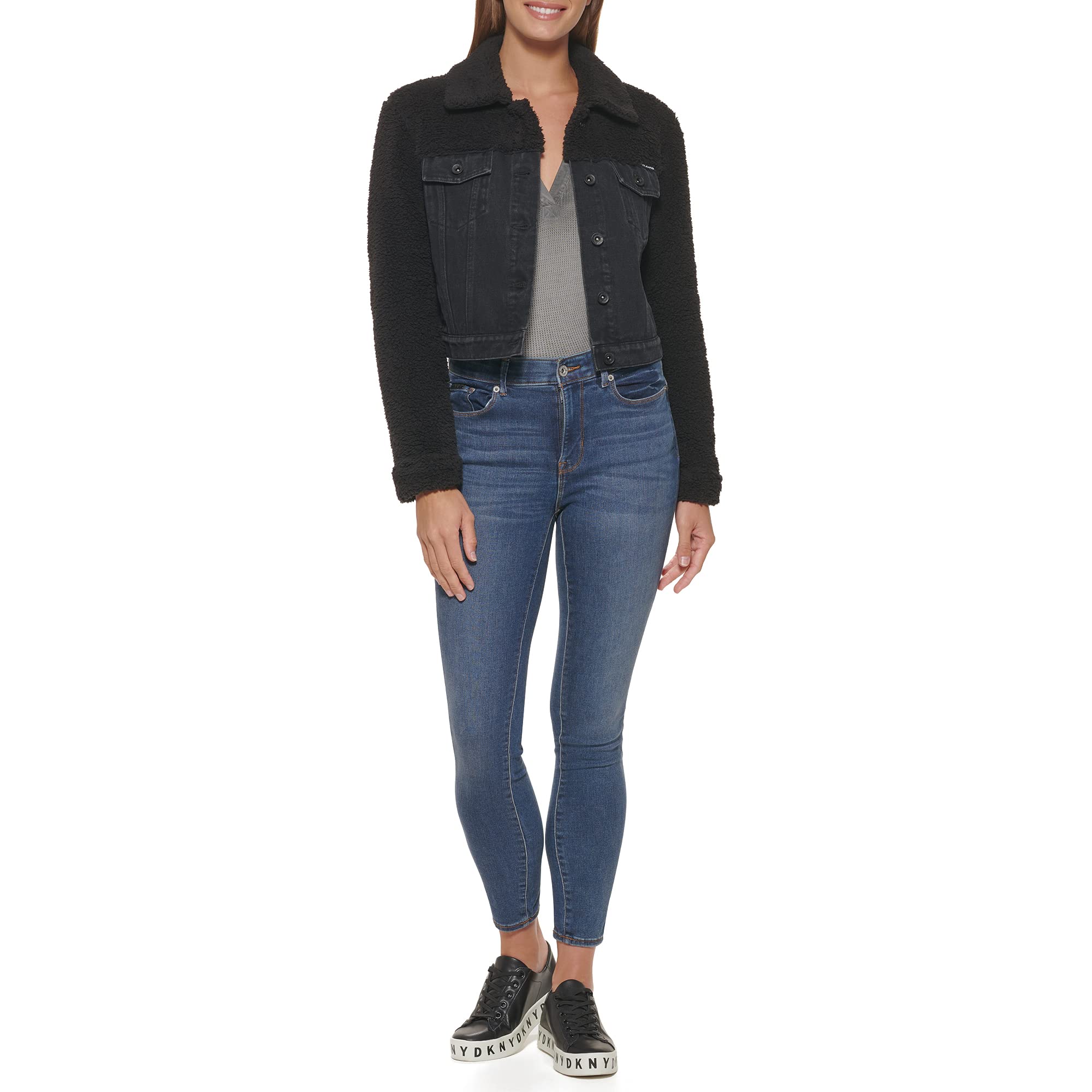 DKNY Women's Black Denim Jacket with Faux Fur Collar - Stylish X-Large Winter Coat for Casual Outings & Streetwear Fashion