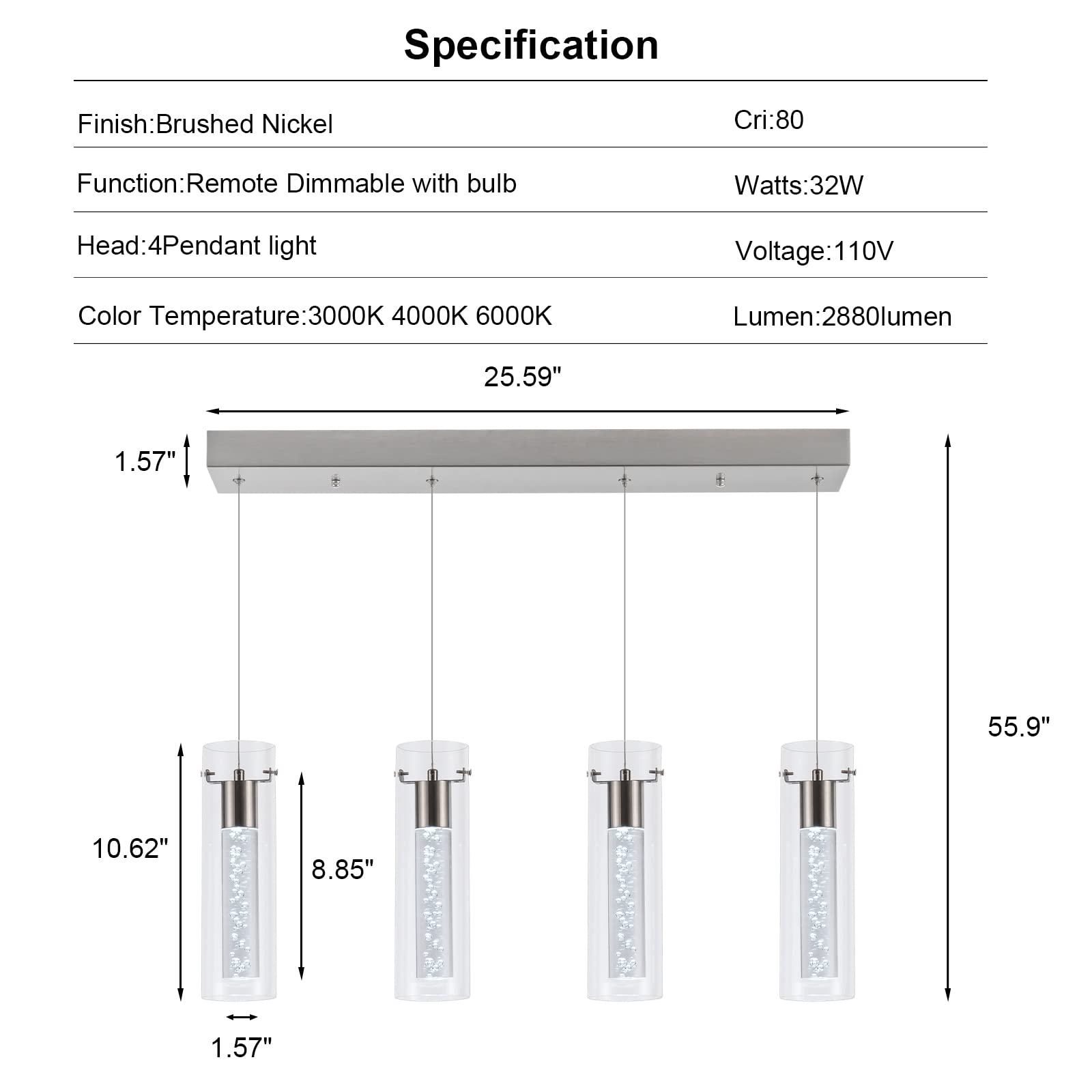 Dimmable LED Hanging Pendant Lights with Remote Control - 4-Light Brushed Nickel Fixture, Adjustable Warm/White/Cool Lighting for Kitchen Island, Dining Room, Restaurant, Living Room & Bedroom | Perfect for Modern Home Decor and Commercial Spaces