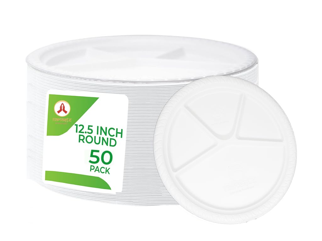 Eco-Friendly Disposable Namaste 50-Pack Party Dinner Plates - 12.5 Inch Large Platters, Microwave Safe & Heavy Duty for Weddings, BBQs, and Catering Events