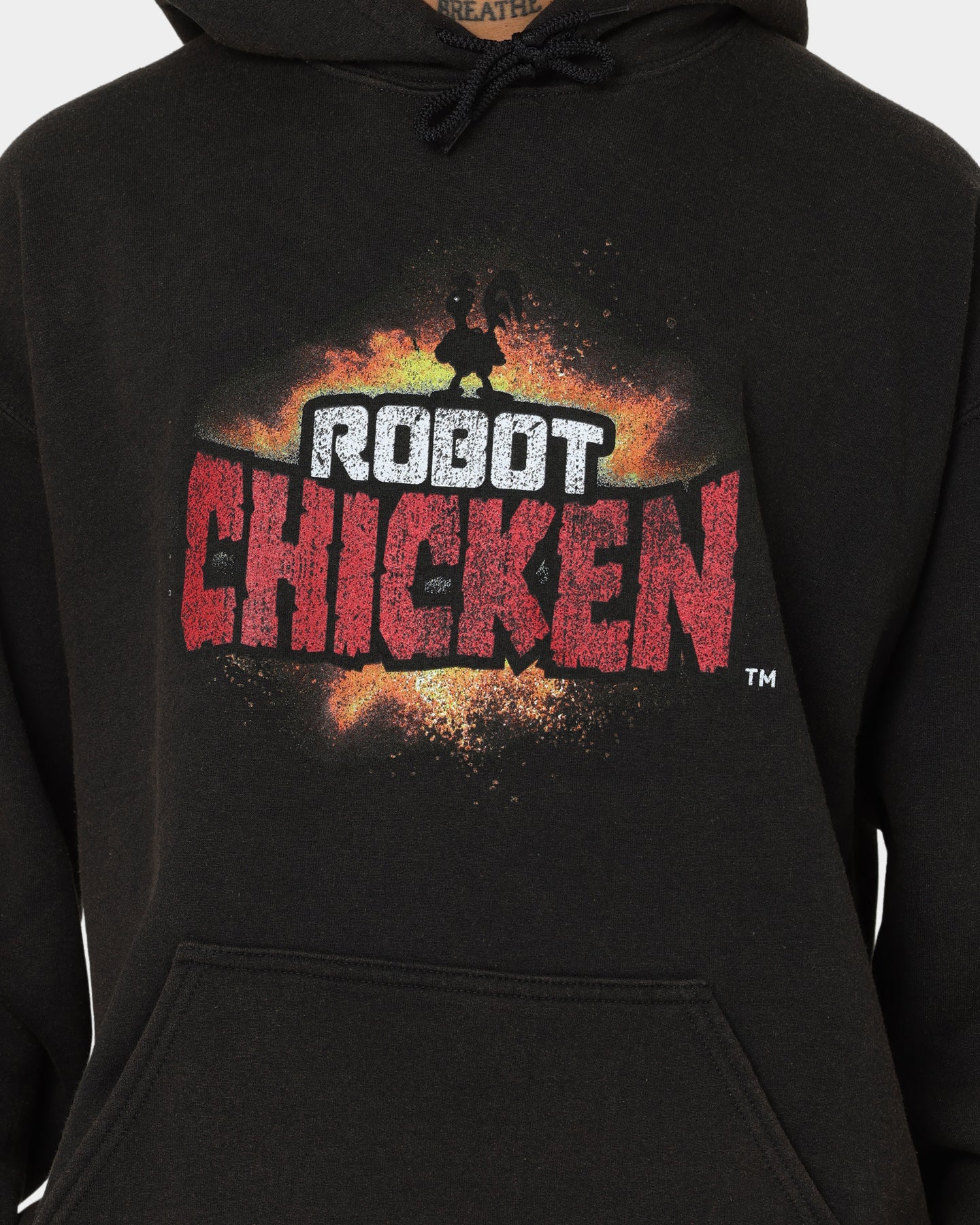 Vintage American Thrift Chicken Boom Hoodie - Black Distressed Wash - Retro Streetwear for Men & Women - Perfect for Casual Outfits, Urban Fashion, and 90s Style Lovers