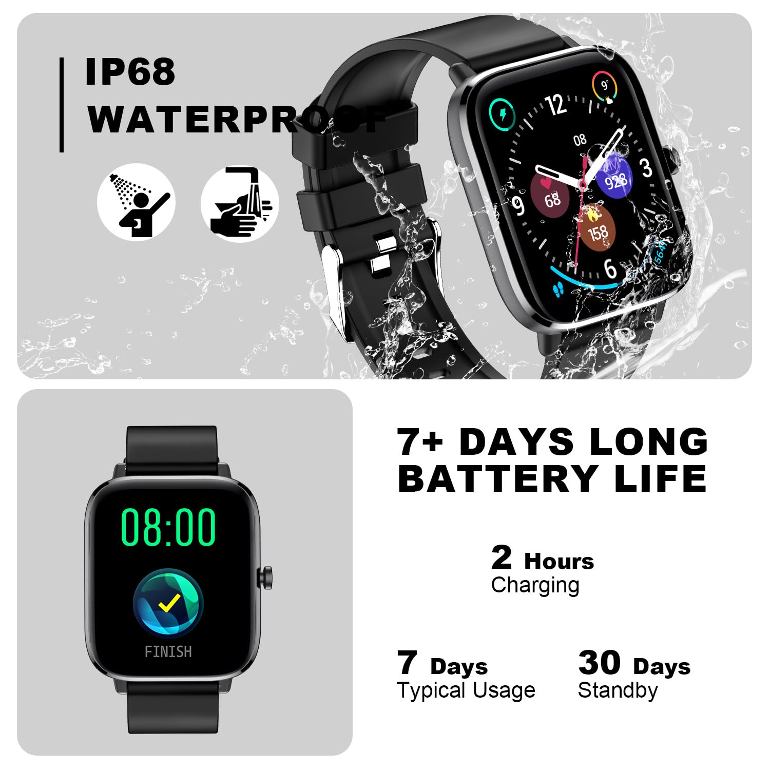Smart Watch for Android & iOS - Full Touch Screen Fitness Tracker with Heart Rate Monitor, Sleep Tracking, Step Counter & Waterproof Design - Make/Answer Calls - Perfect for Running, Swimming & Daily Use (Black)