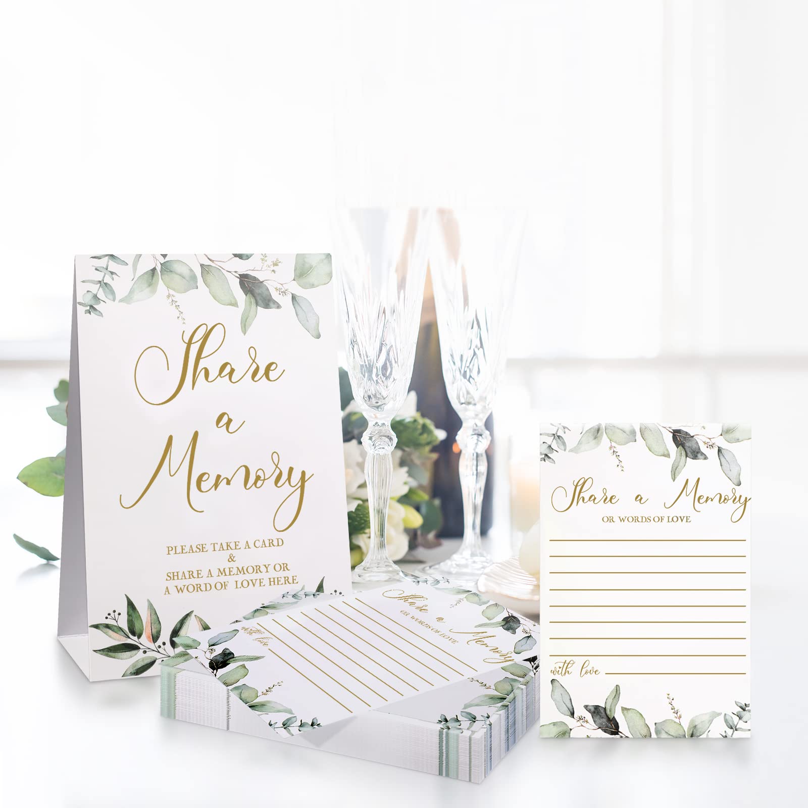 50 Pcs Elegant Greenery Eucalyptus Memory Cards & Seating Place Cards with Gold Font - Perfect for Funerals, Graduations, Weddings, Bridal Showers, Birthdays & Anniversaries - Create Lasting Memories for Special Occasions