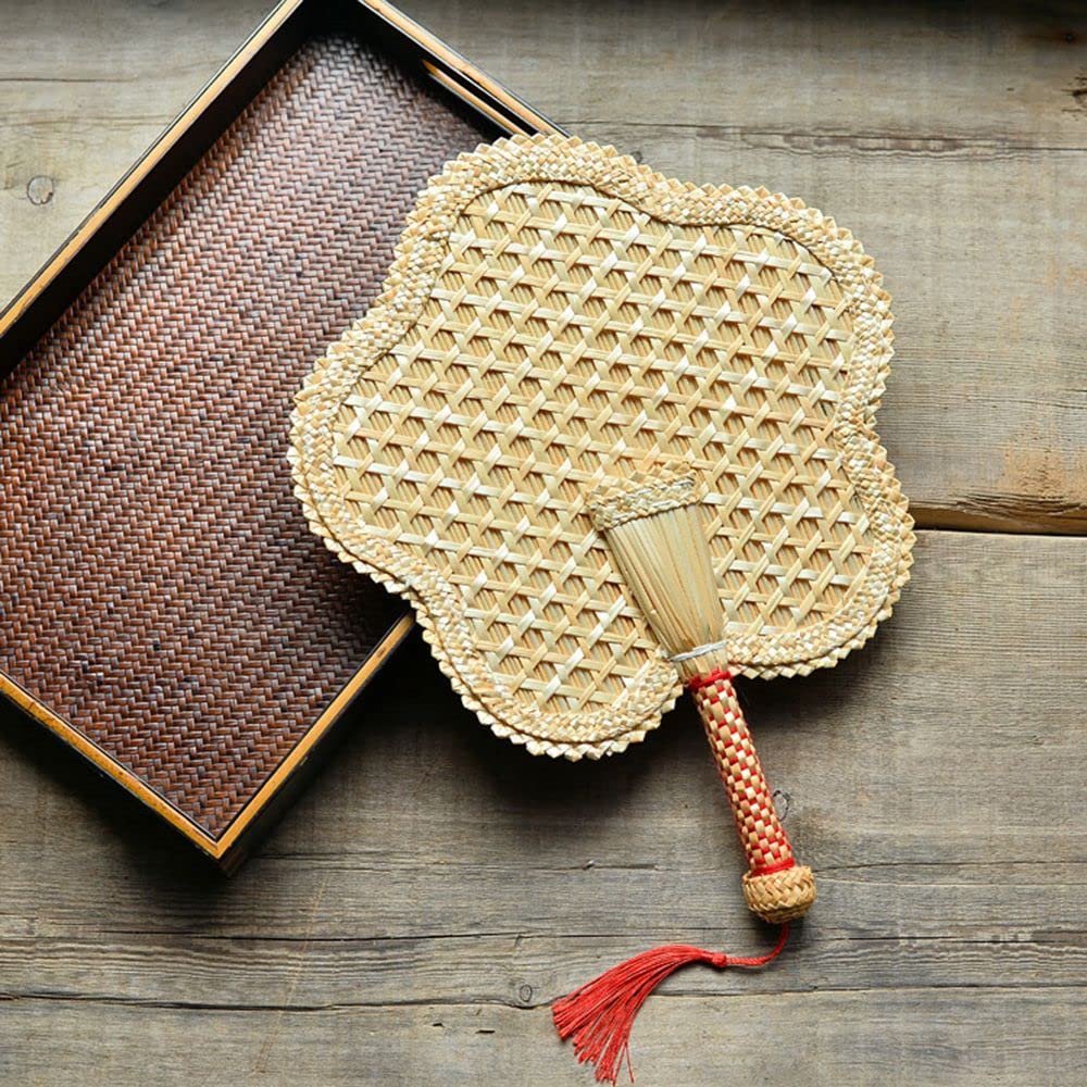 Natural Woven Straw Hand Fan - Handmade Raffia Cooling Fan for Summer, Home Decor & Outdoor Use (Plum Blossom Design) | Perfect for Beach, Wedding, and Patio Relaxation
