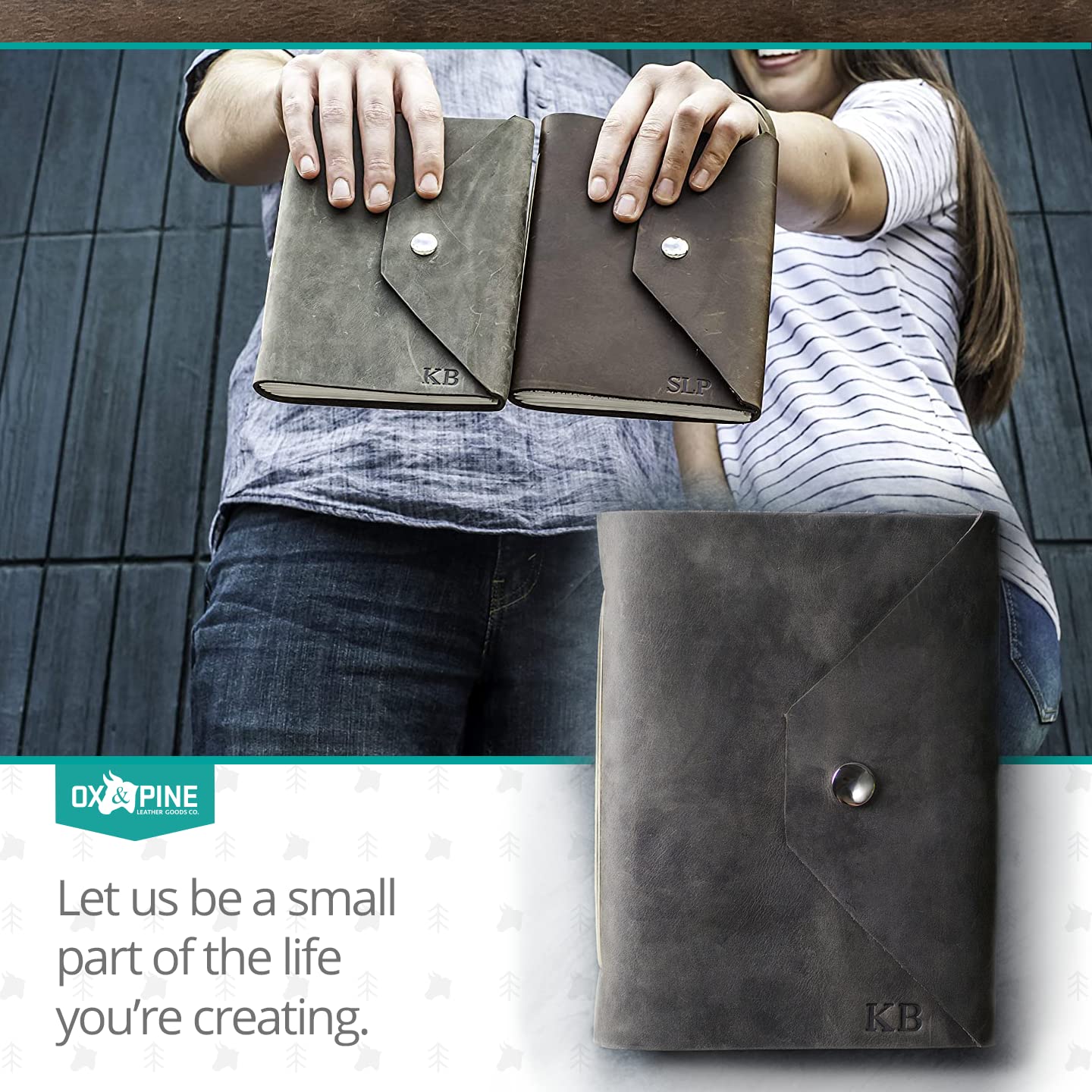 Ox & Pine Personalized Leather Snap Journal - Handcrafted Full Grain Leather Notebook & Sketchbook - 4x6 Unlined or 6x8 Lined Rustic Brown - Perfect for Travel, Gift Giving & Creative Writing
