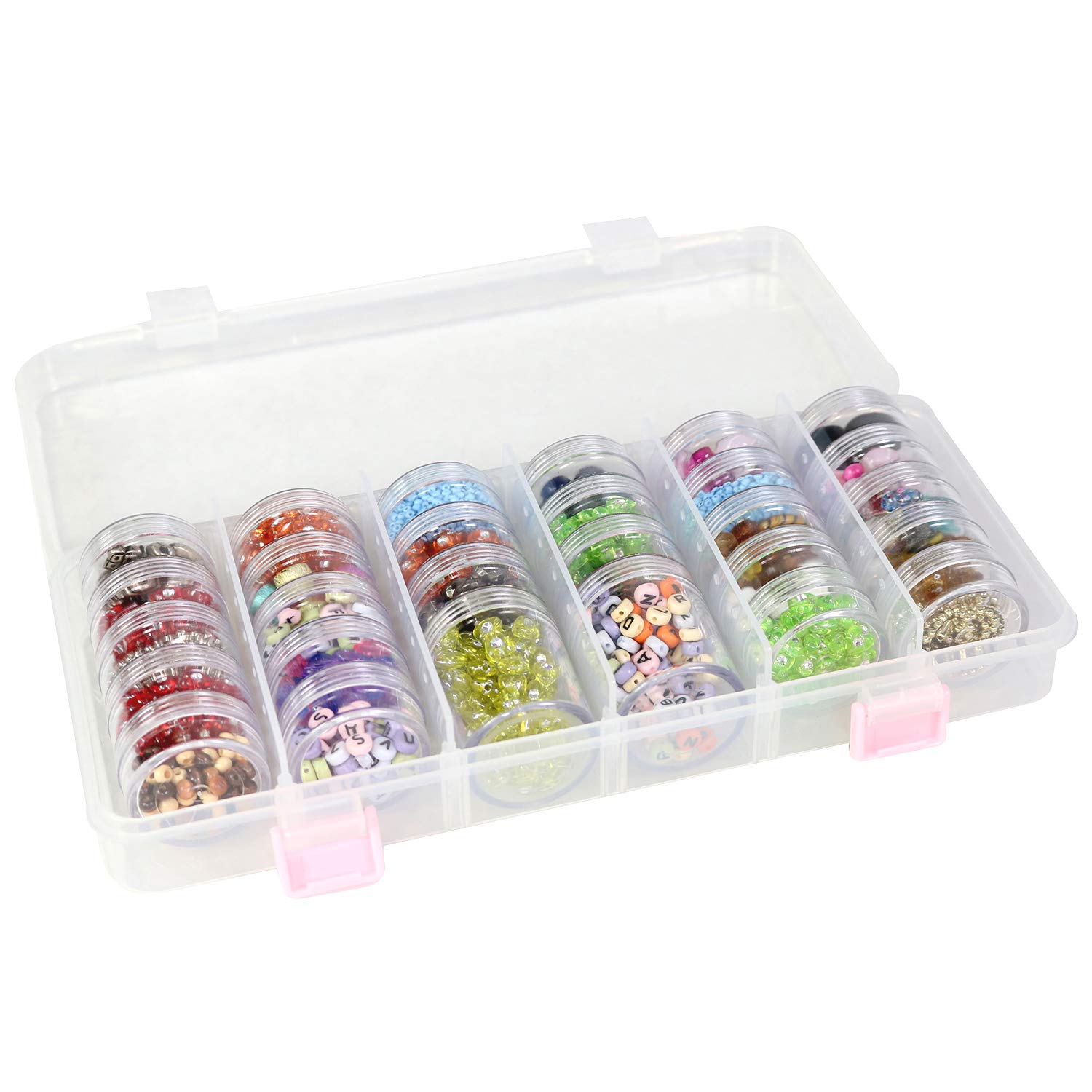 Everything Mary Large Plastic Bead Storage Organizer Box - 28 Jars for Beads, Crafts & Art Supplies - Clear Plastic Container Case for Painting & DIY Organization - Perfect for Craft Rooms, Jewelry Making & Home Office Storage