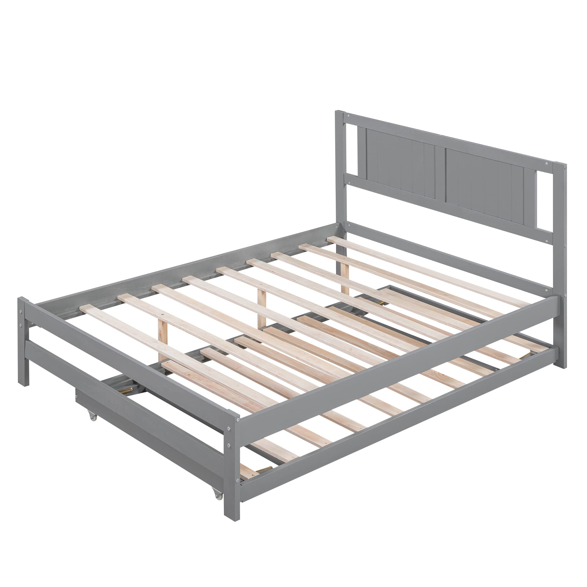 Harper & Bright Designs Full Size Convertible Platform Bed with Headboard & Trundle - Grey Kids Teen Bedroom Furniture for Small Spaces & Sleepovers