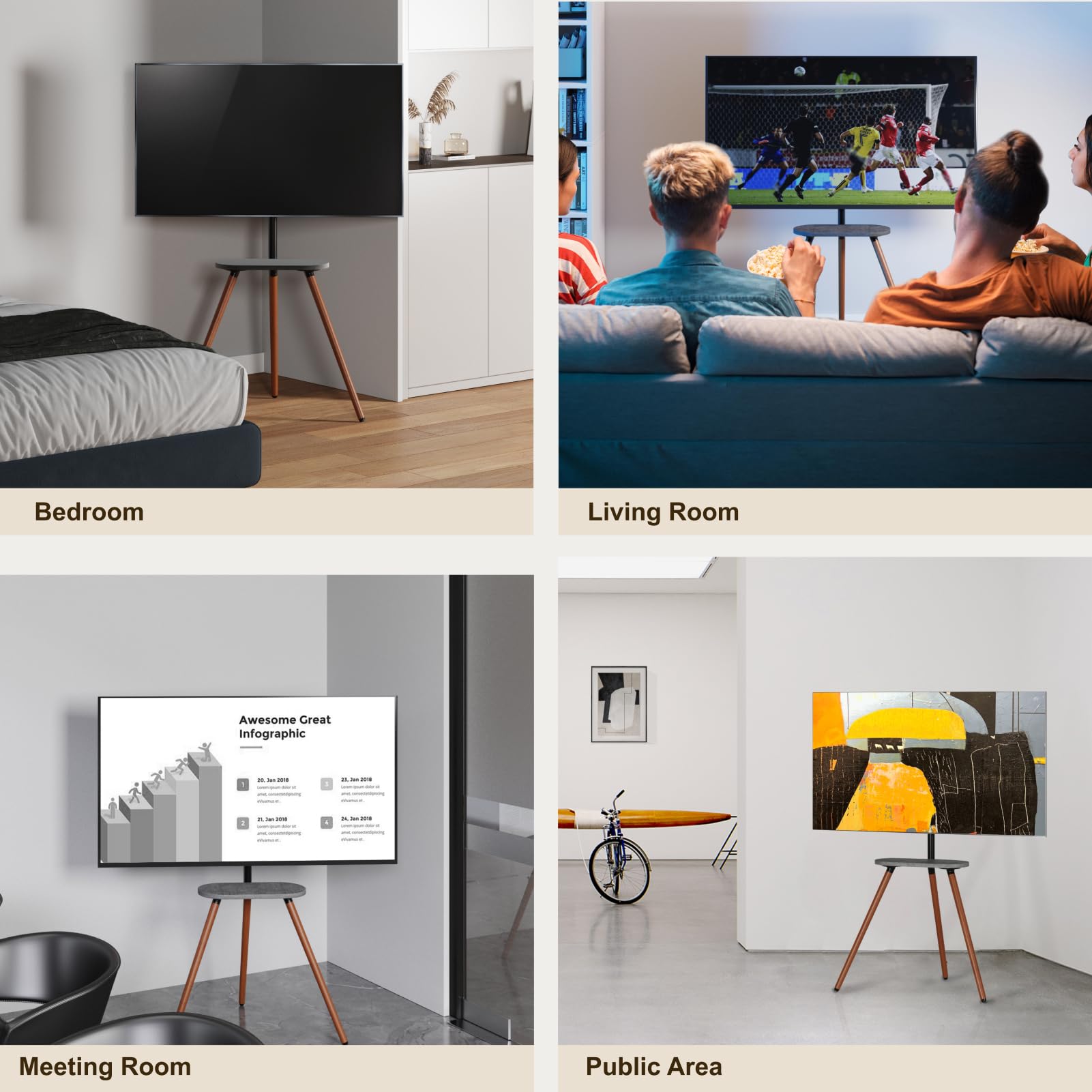 Adjustable Tripod TV Stand for 40-65 Inch LCD LED OLED Screens - Swivel & Height Adjustable Floor TV Mount with Wooden Tray - VESA 400x400mm - Minimalist Black Walnut Design - Perfect for Living Rooms, Bedrooms & Home Theaters