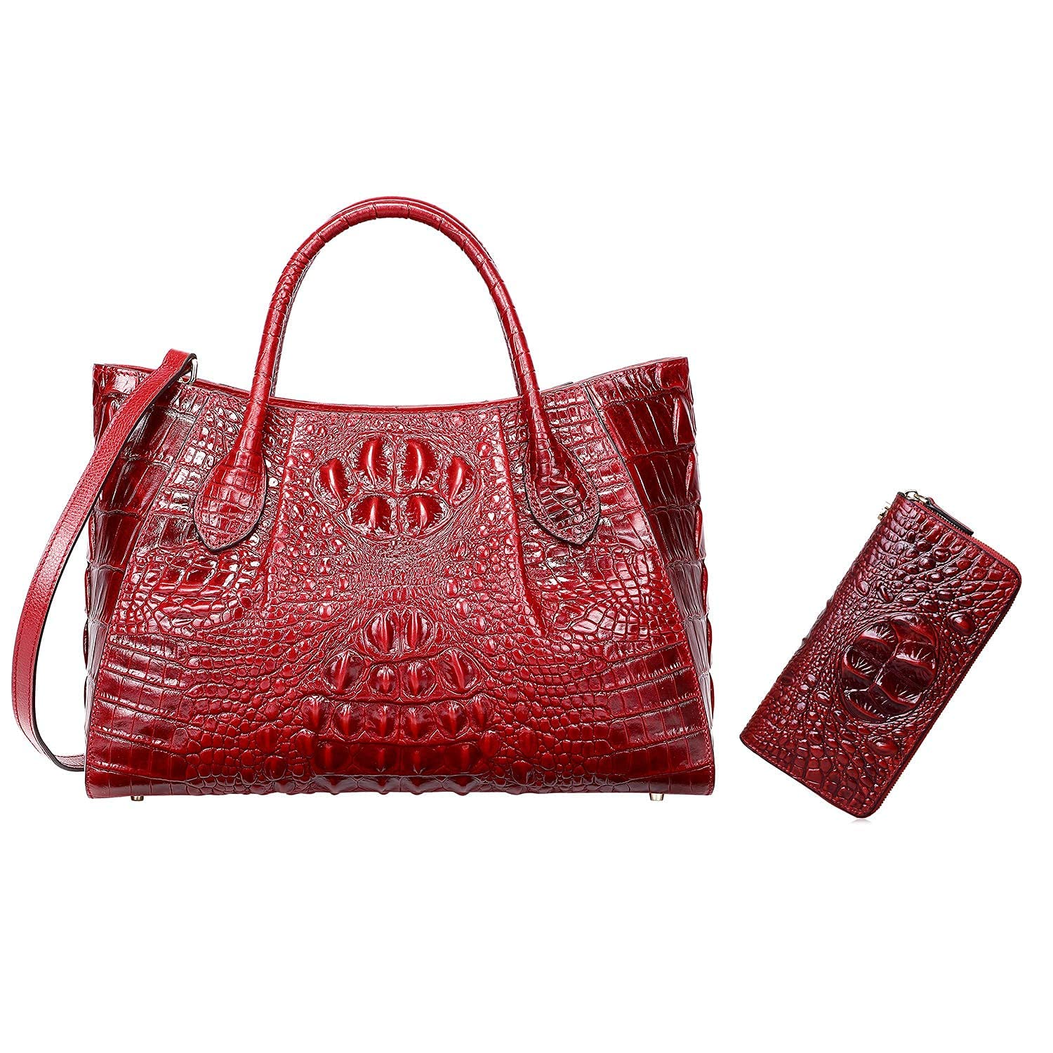 PIJUSHI Women's Crocodile Embossed Leather Top Handle Satchel Bag & Matching Wristlet Wallet Set - Elegant Designer Handbag Purse for Work, Party, and Daily Use
