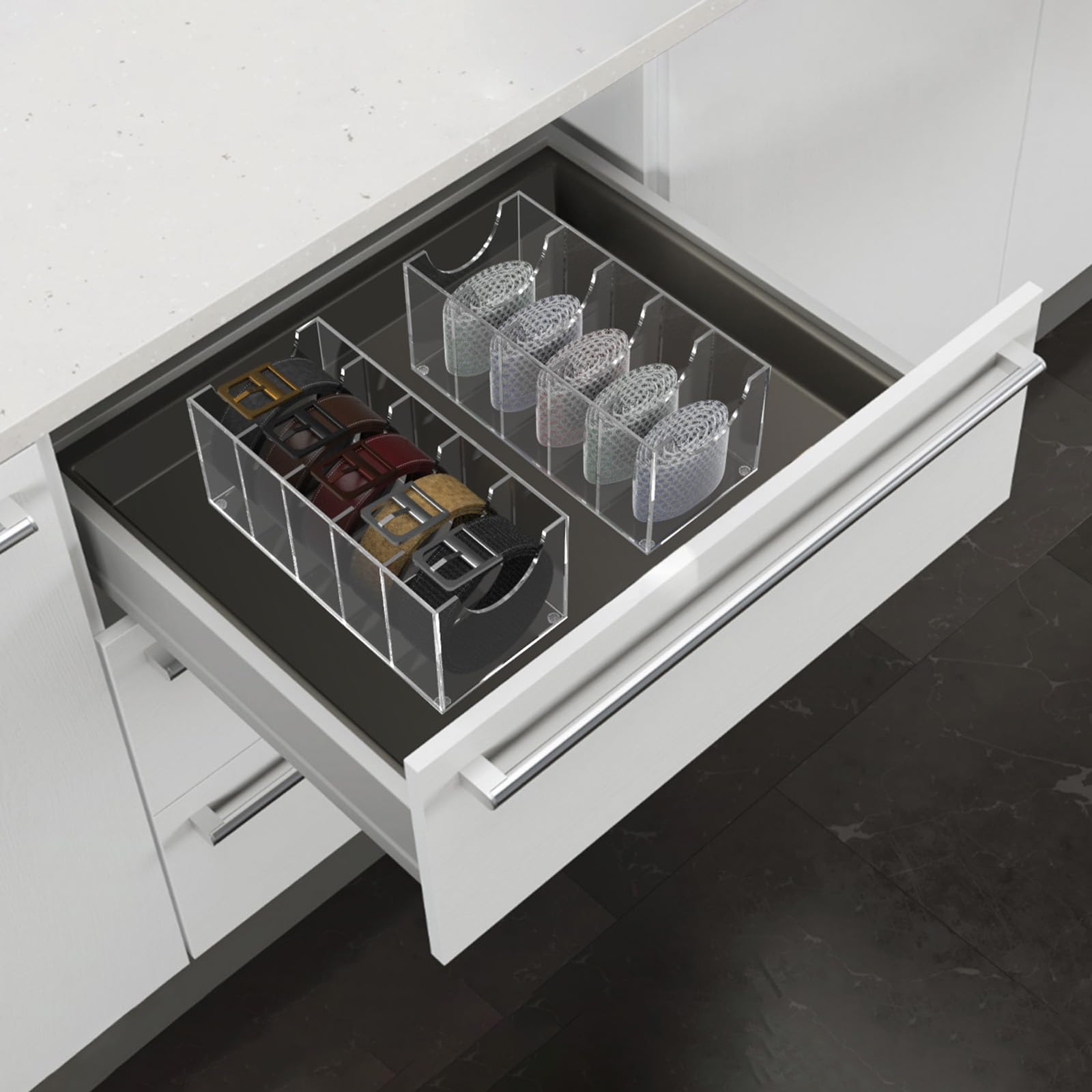 Clear Acrylic Belt Organizer with 5 Compartments - Wall Mount & Drawer Storage for Belts, Ties, Jewelry, Bracelets & Cosmetics | Perfect for Closet Organization & Small Space Storage